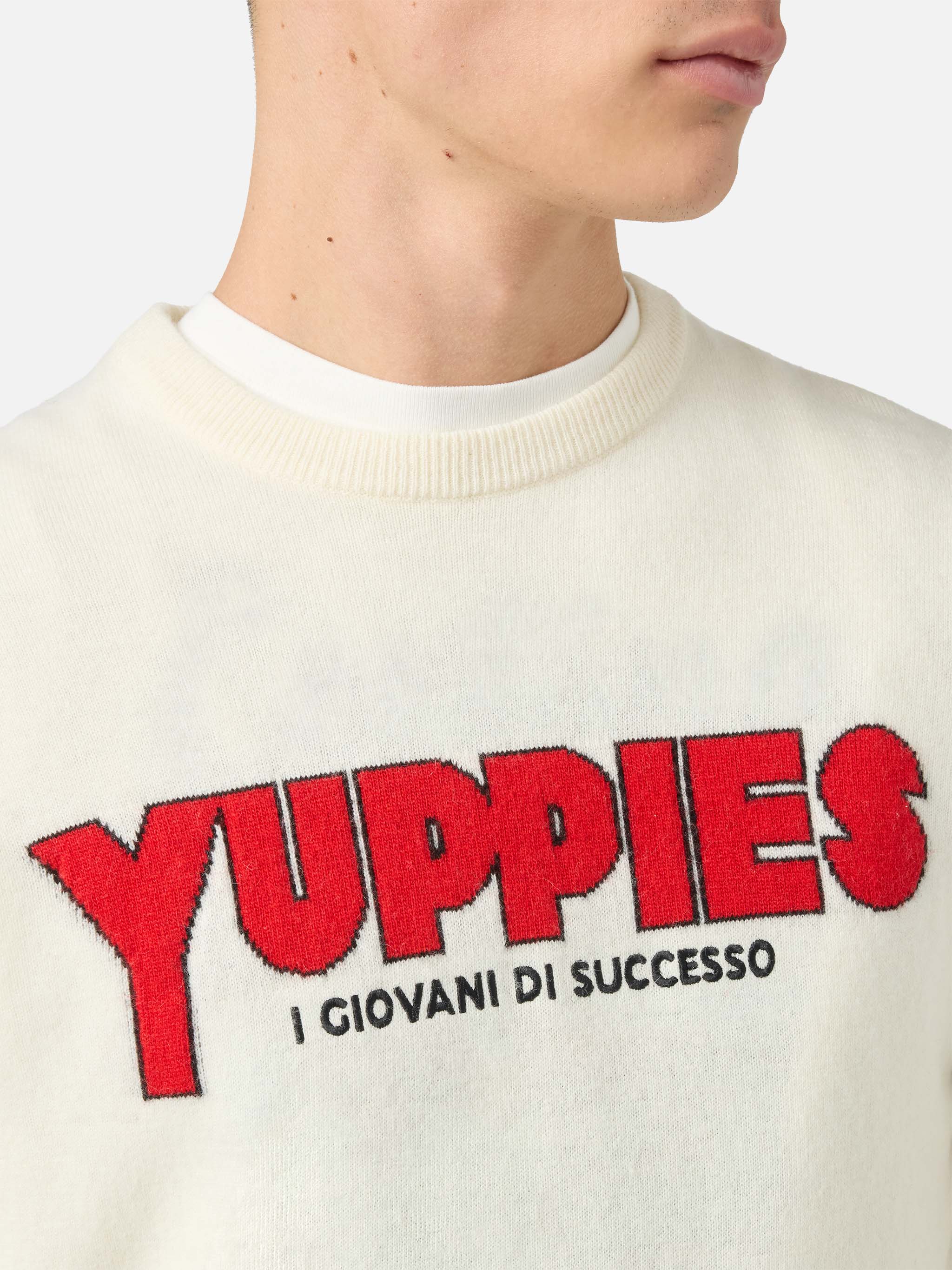 Heron Light crewneck in white with Yuppies jacquard and embroidery | YUPPIES SPECIAL EDITION - Image 2