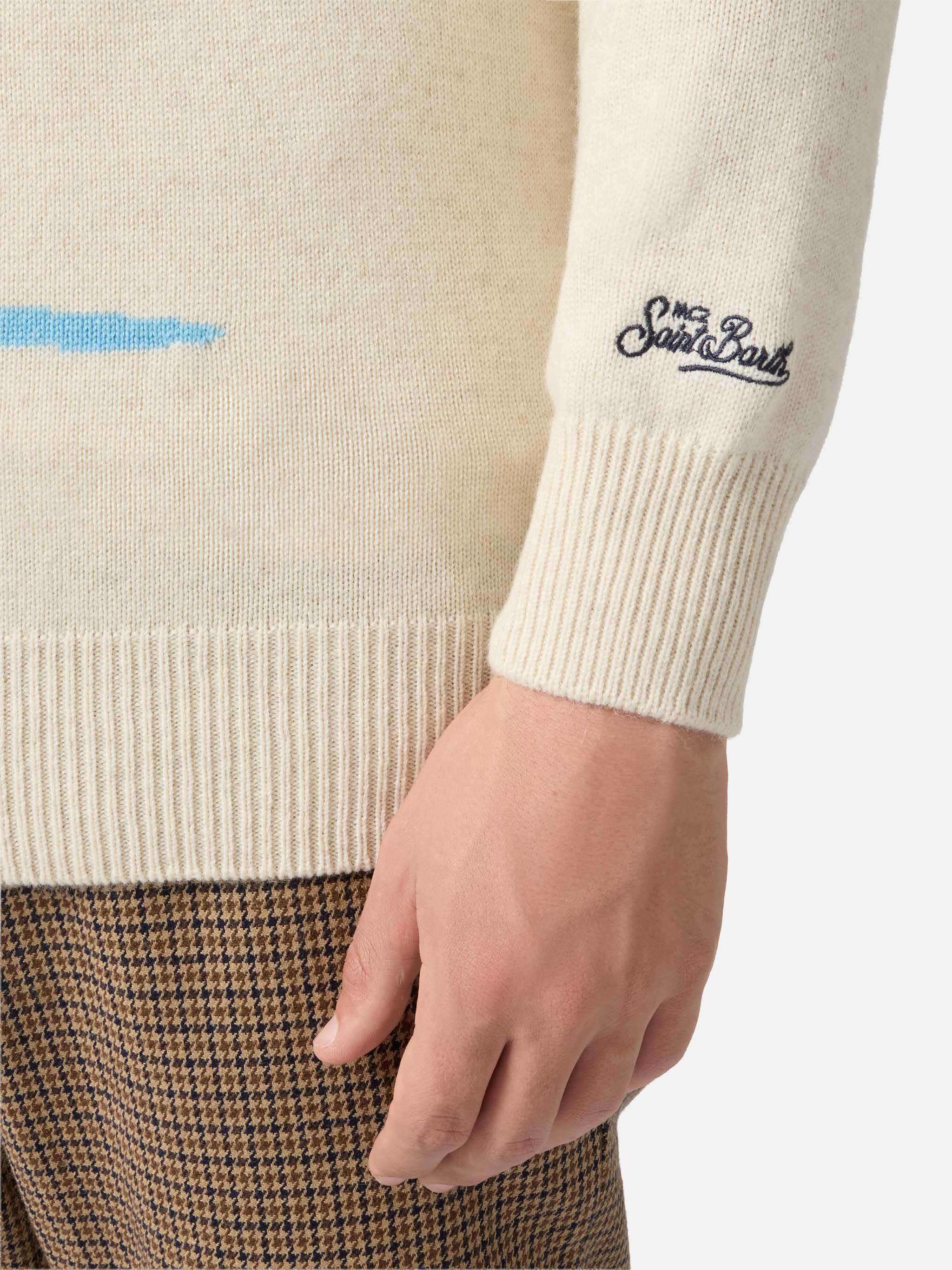Heron crewneck in beige with Cortina postcard jacquard - Image 4