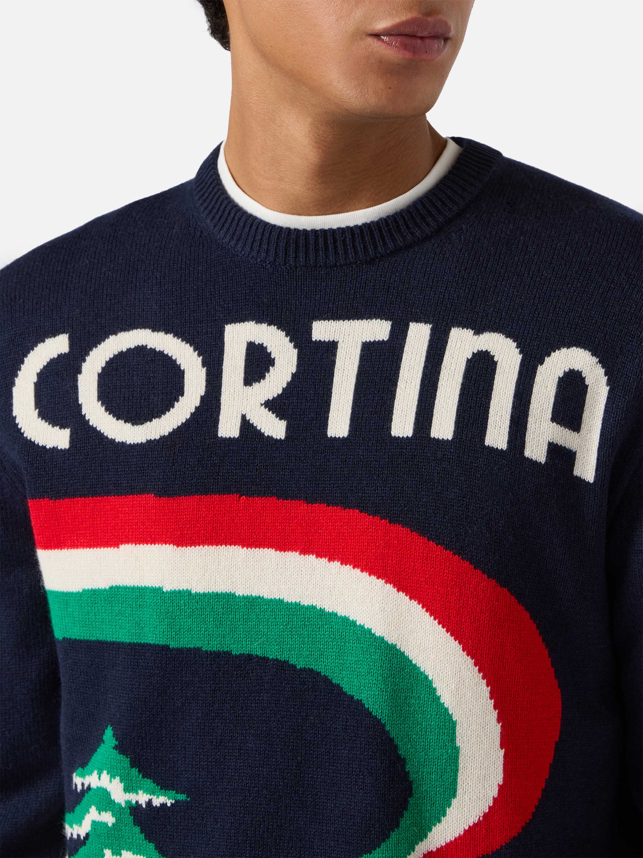 Heron crewneck in blue with Cortina postcard jacquard - Image 2