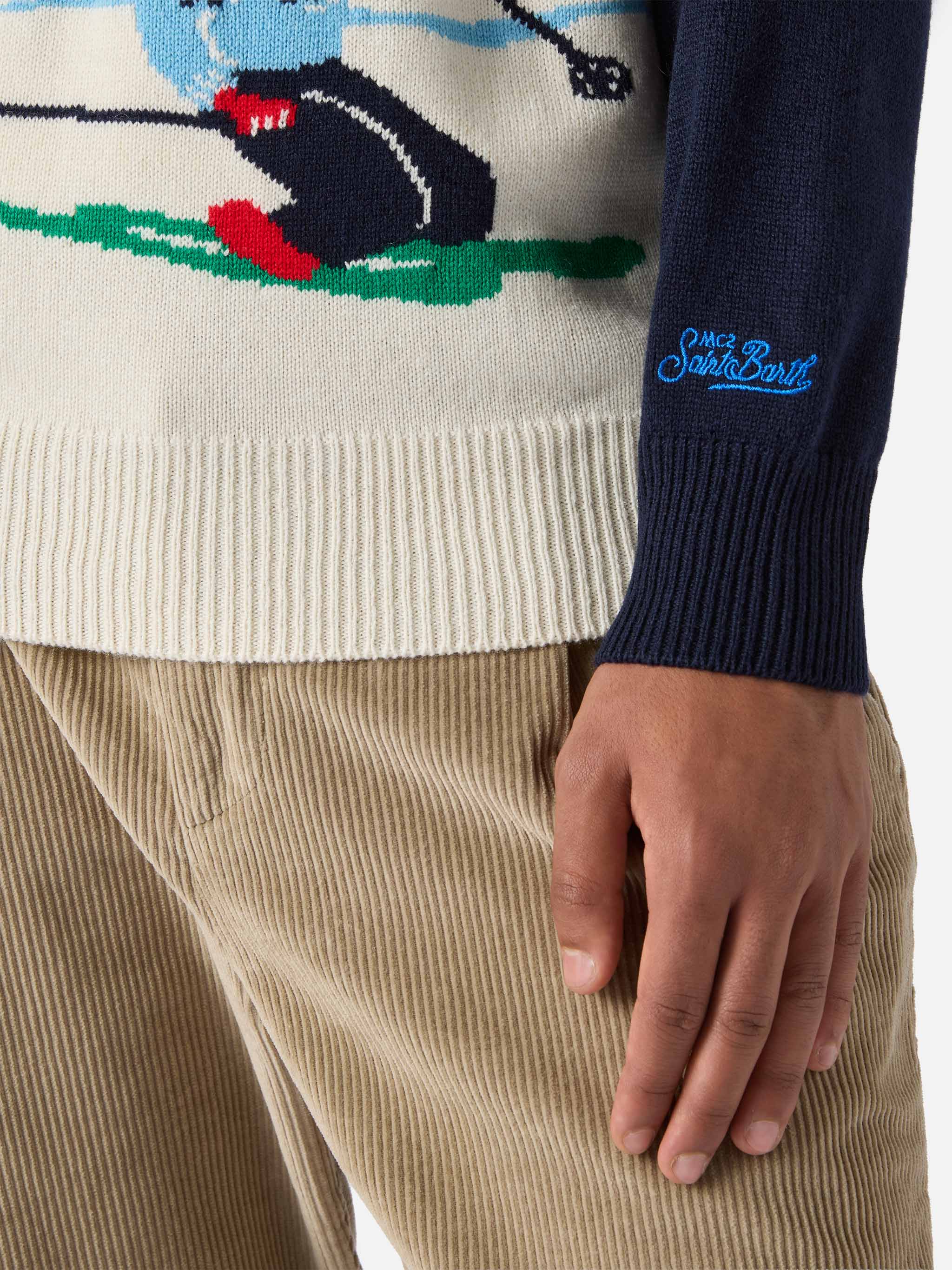 Heron crewneck in blue with Cortina postcard jacquard - Image 4