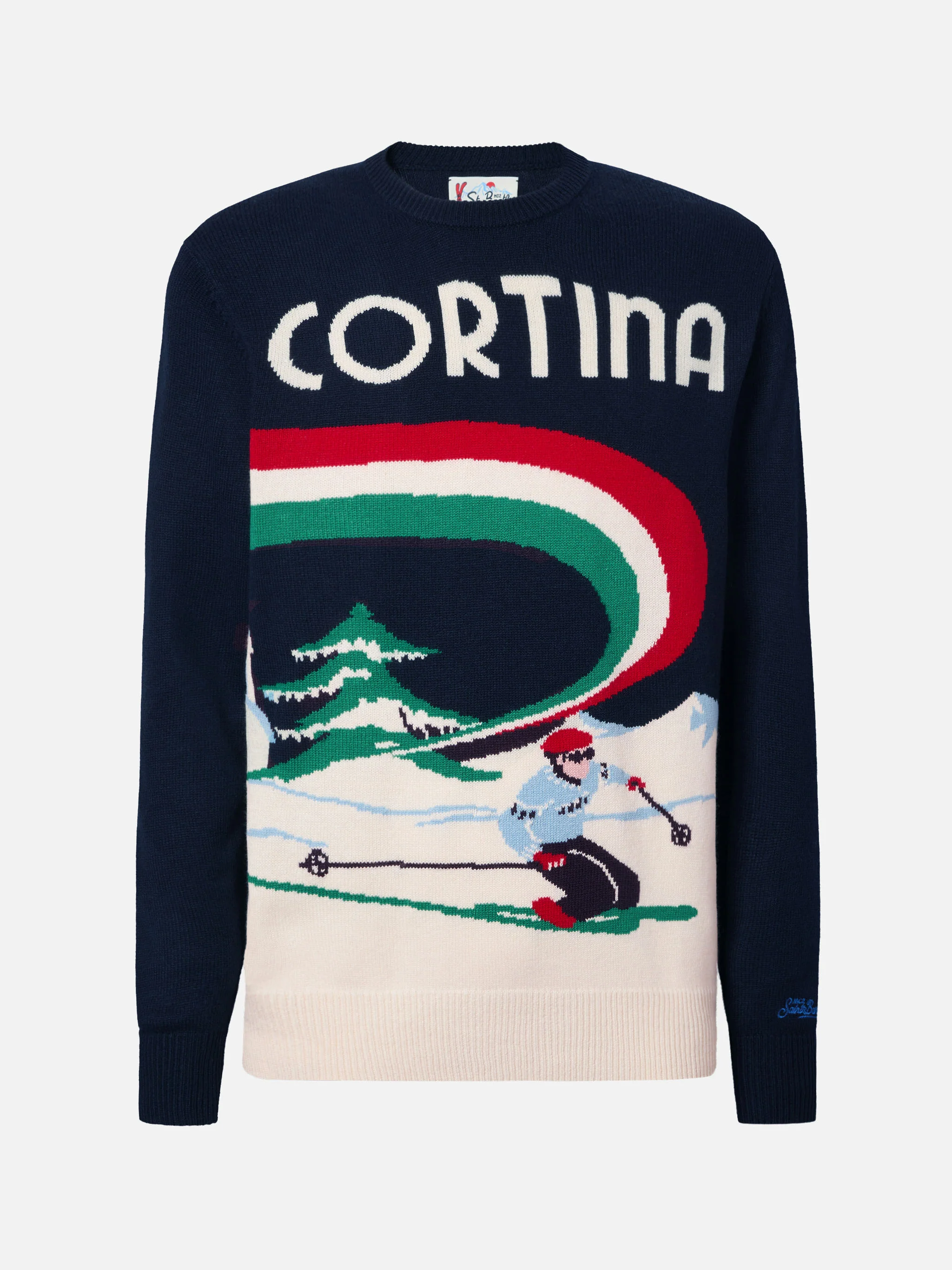 Heron crewneck in blue with Cortina postcard jacquard - Image 5