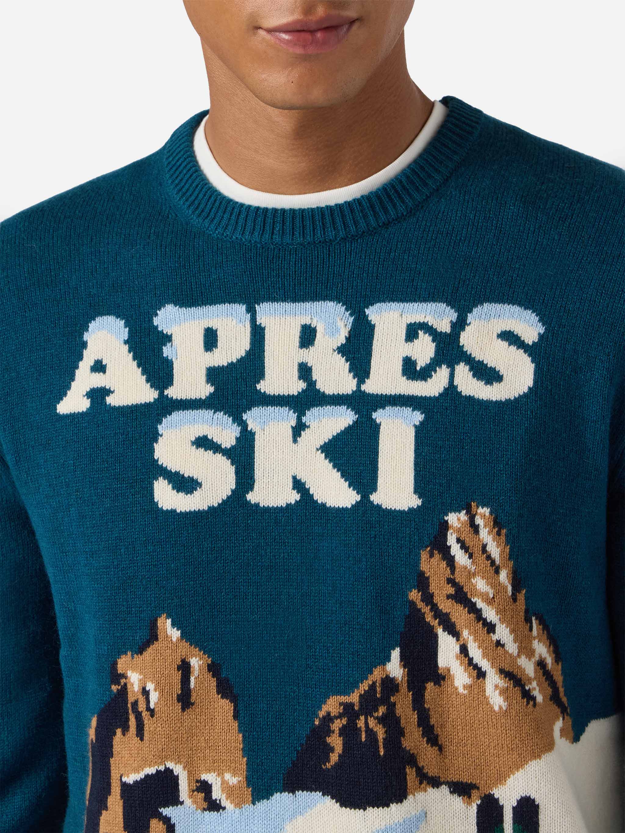 Heron crewneck in teal green with Après Ski postcard jacquard - Image 2