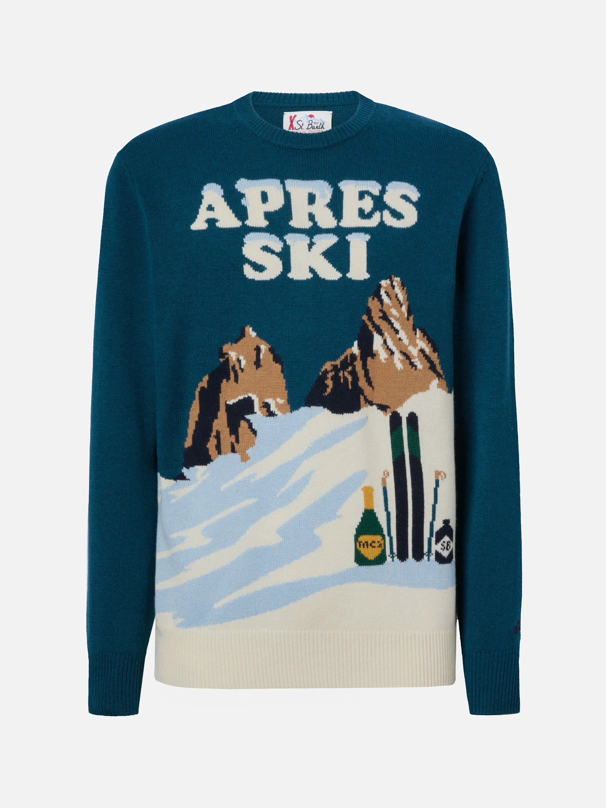 Heron crewneck in teal green with Après Ski postcard jacquard - Image 5