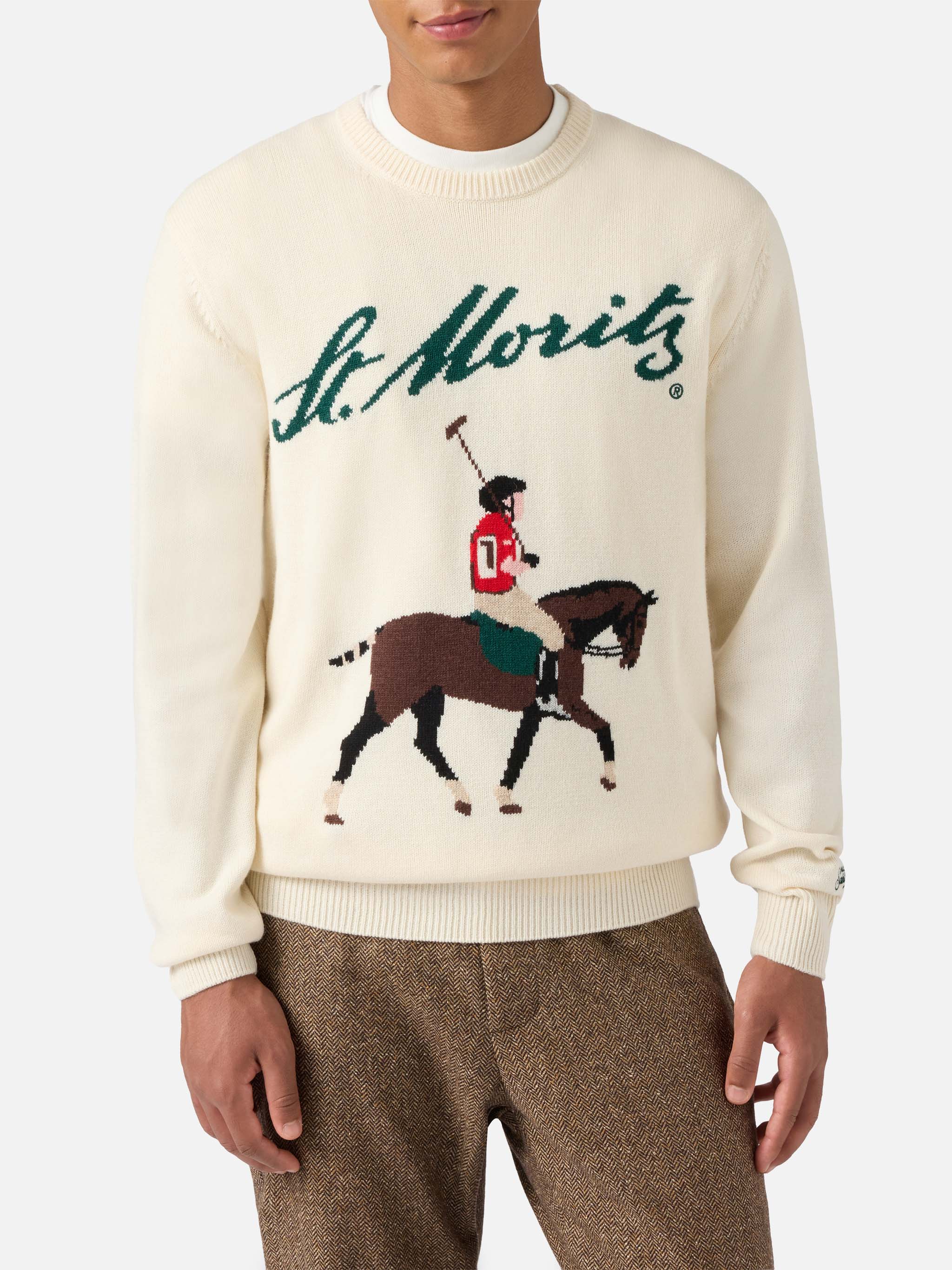 Heron crewneck in white with St. Moritz Polo jacquard