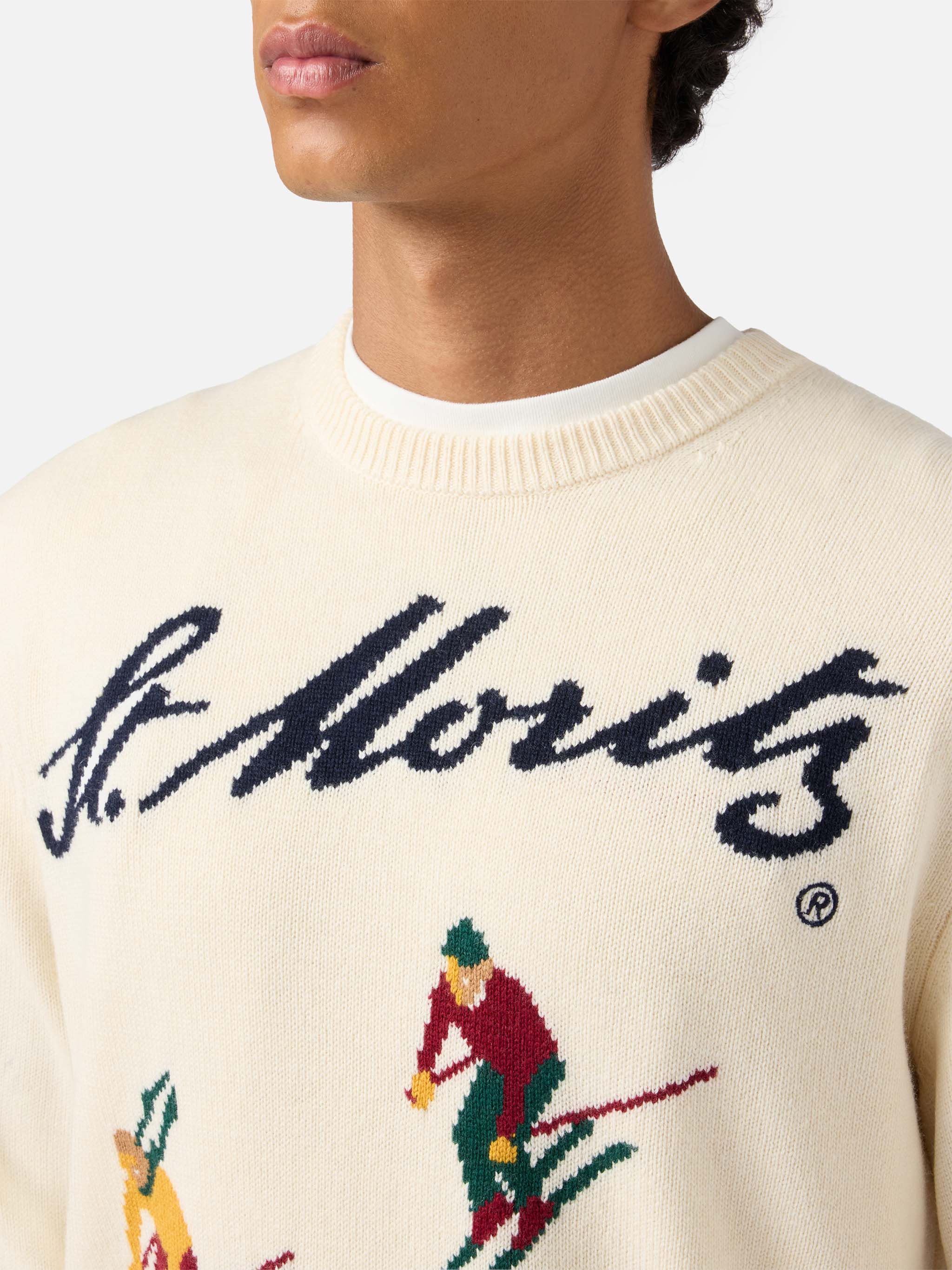Heron crewneck in white with St. Moritz Ski postcard jacquard - Image 2
