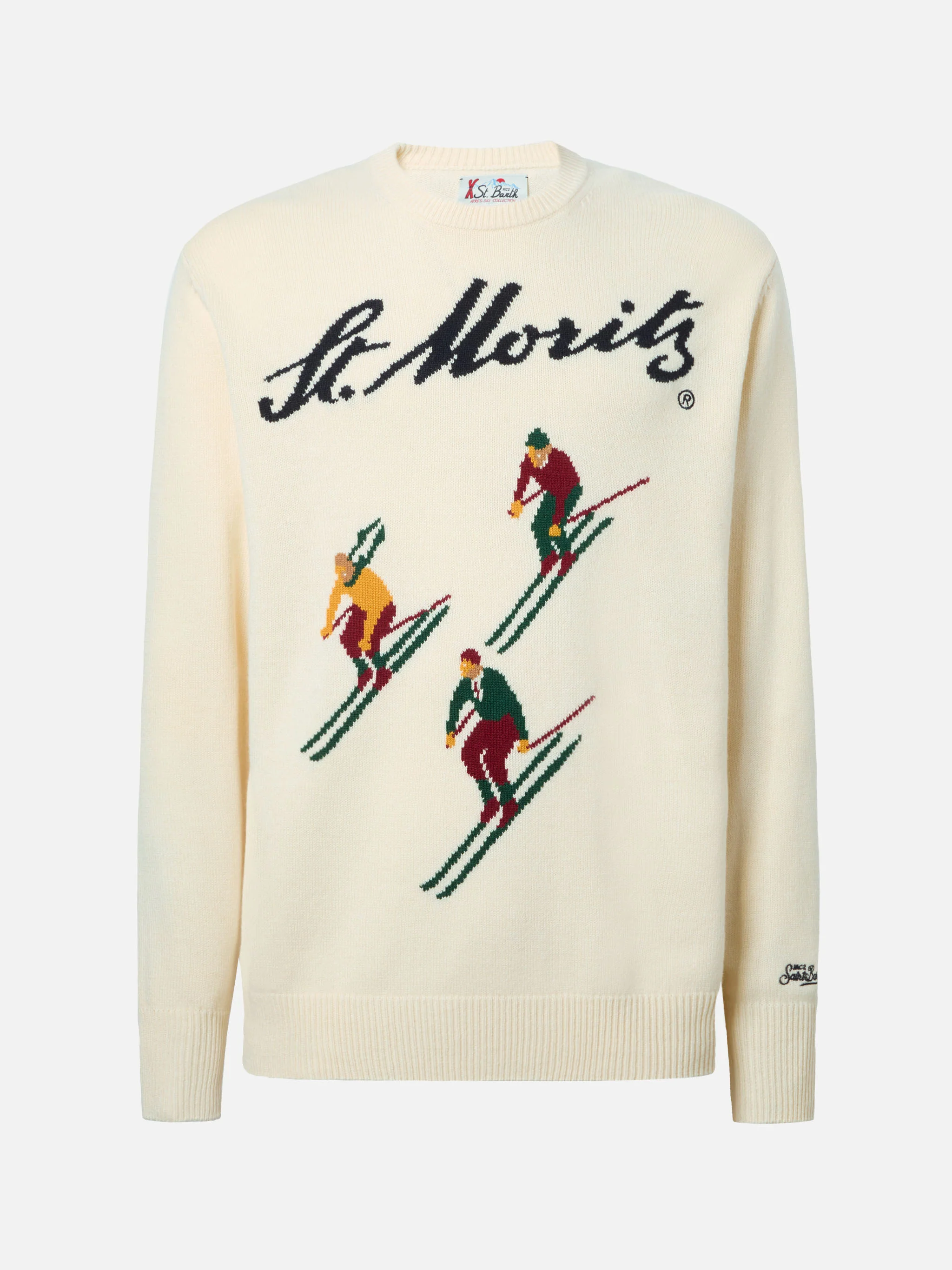 Heron crewneck in white with St. Moritz Ski postcard jacquard - Image 5