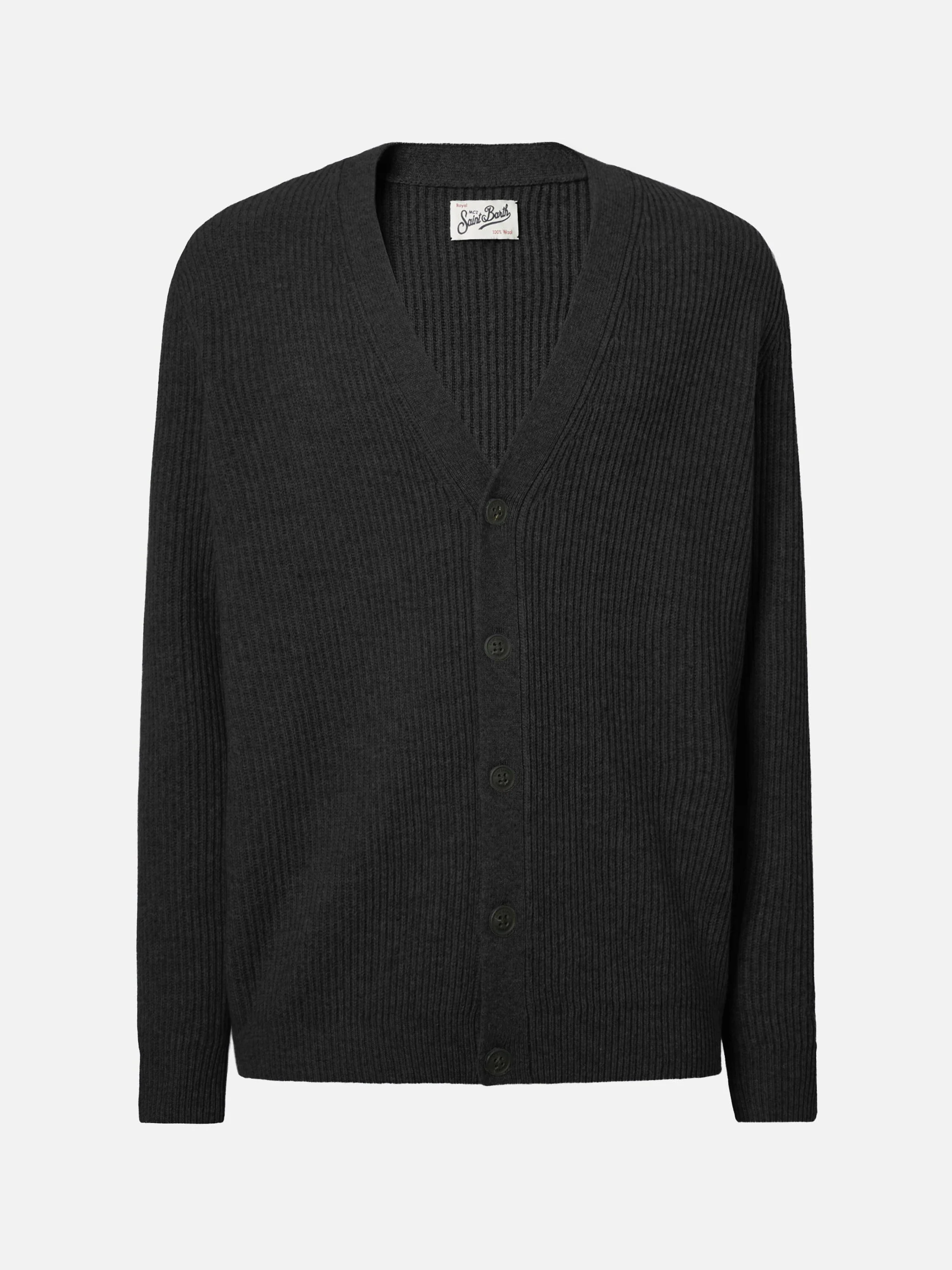 Herrison cardigan in 100% black WOOL with English rib knit - Image 3