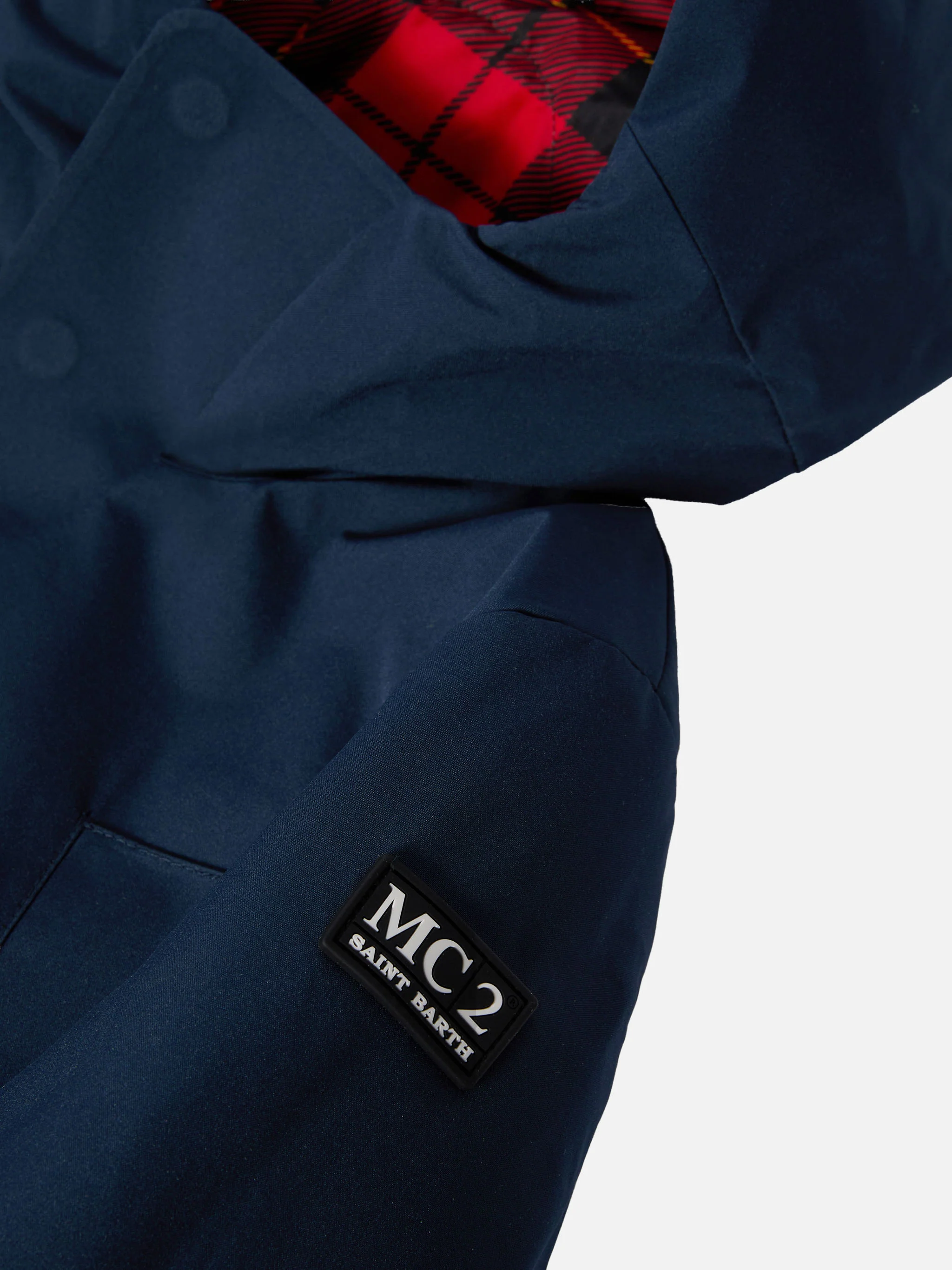 Hooded navy blue parka jacket Voyager Jr with tartan lining - Image 2