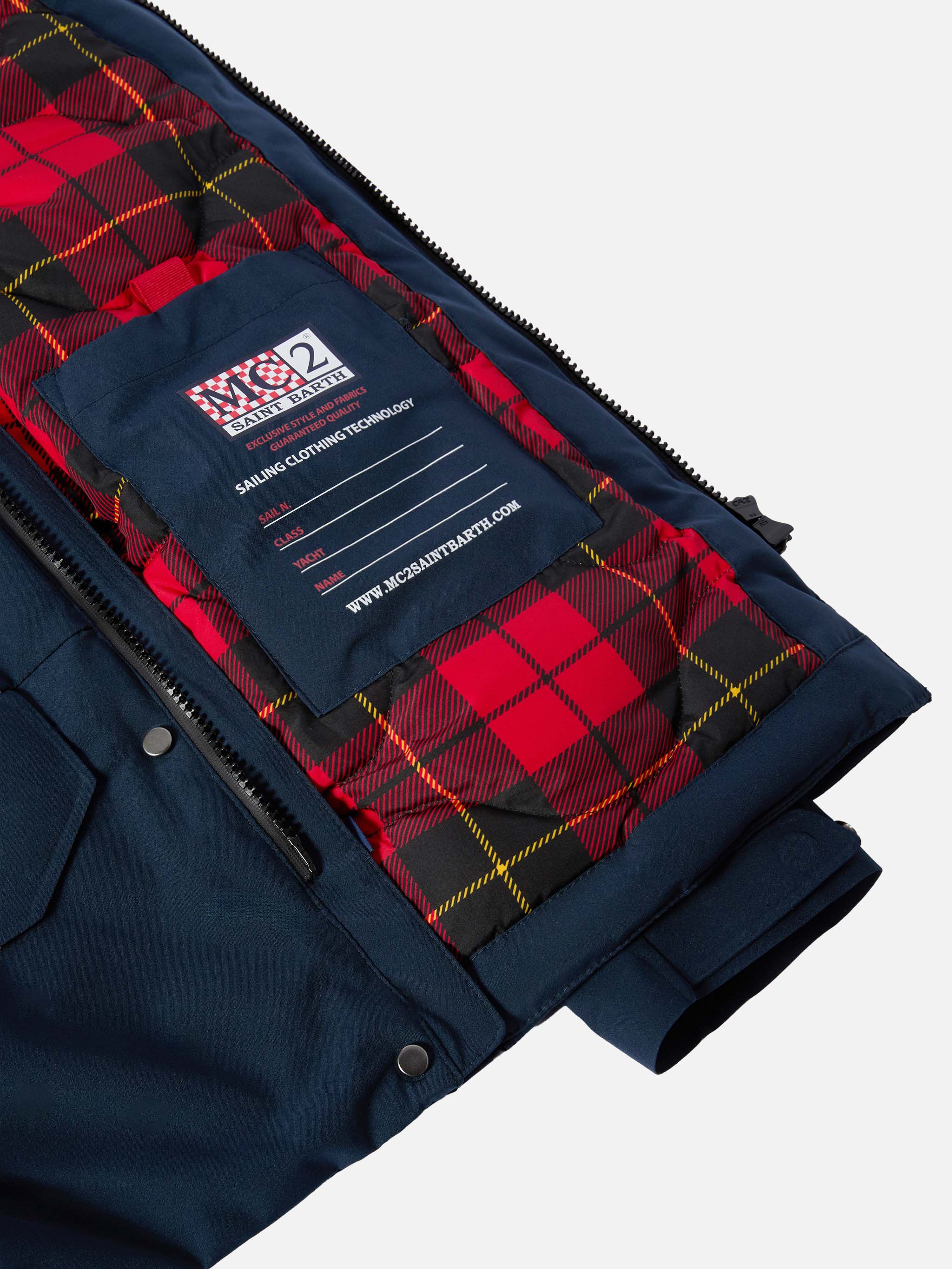 Hooded navy blue parka jacket Voyager Jr with tartan lining - Image 4