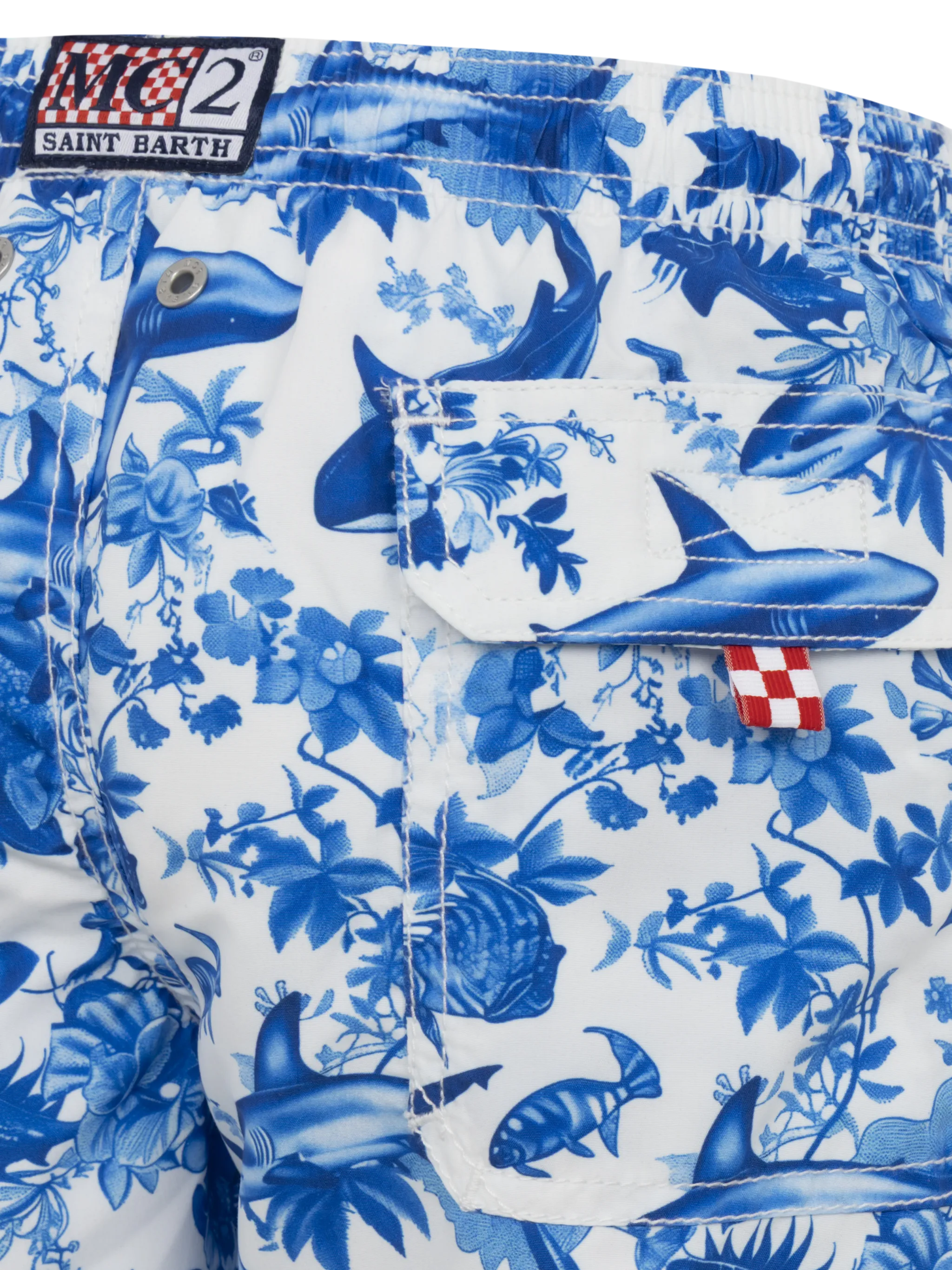 Jean mid-length swim shorts with shark toile de jouy print | AI CO-CREATED DESIGN BY RICKDICK - POWERED BY RED-EYE - Image 3