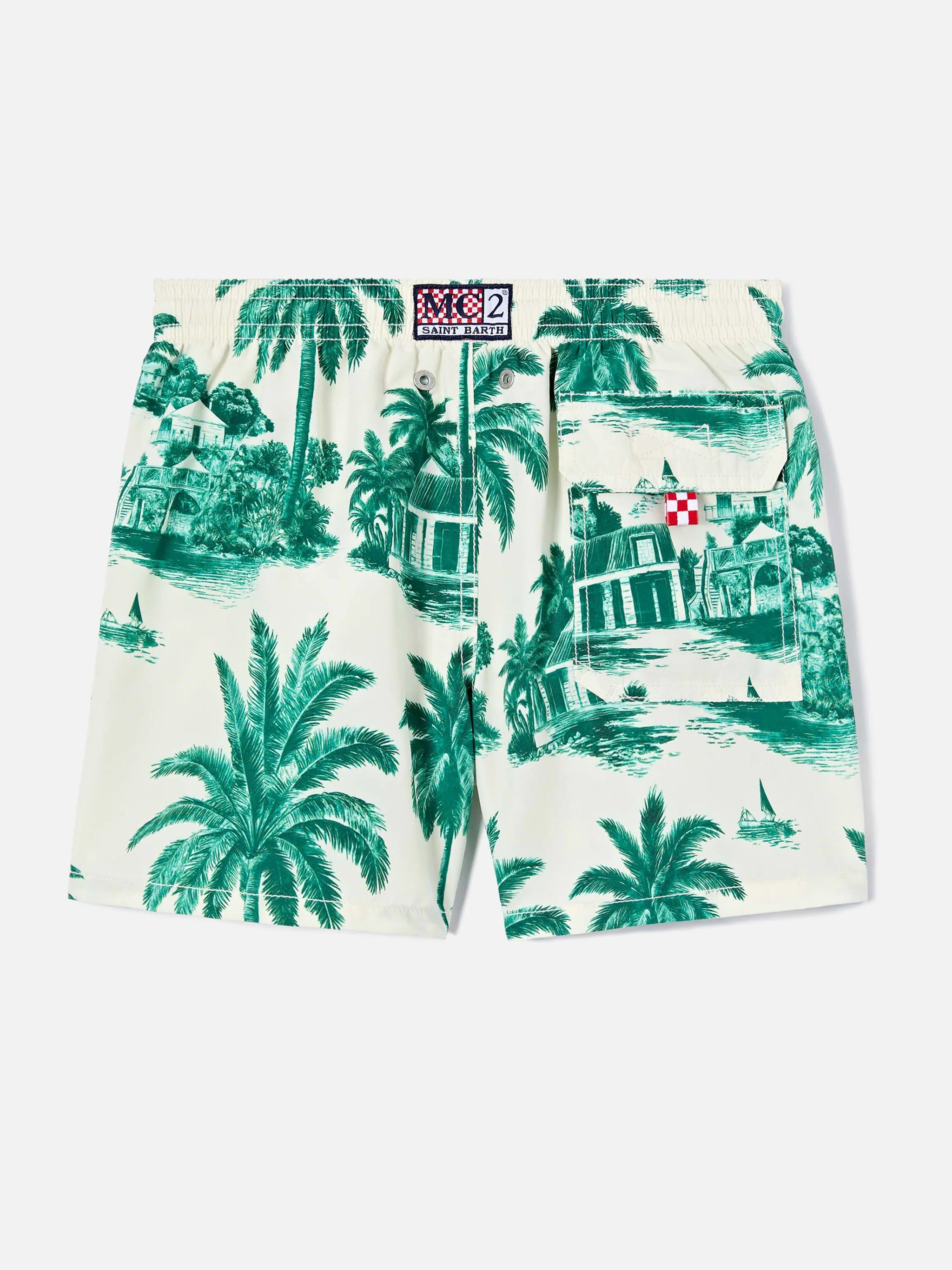 Jean swim shorts with Toile de Jouy green print - Image 2
