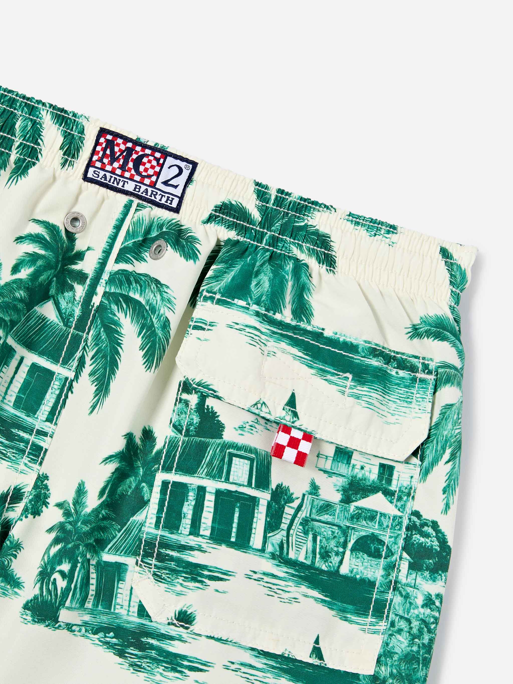 Jean swim shorts with Toile de Jouy green print - Image 3
