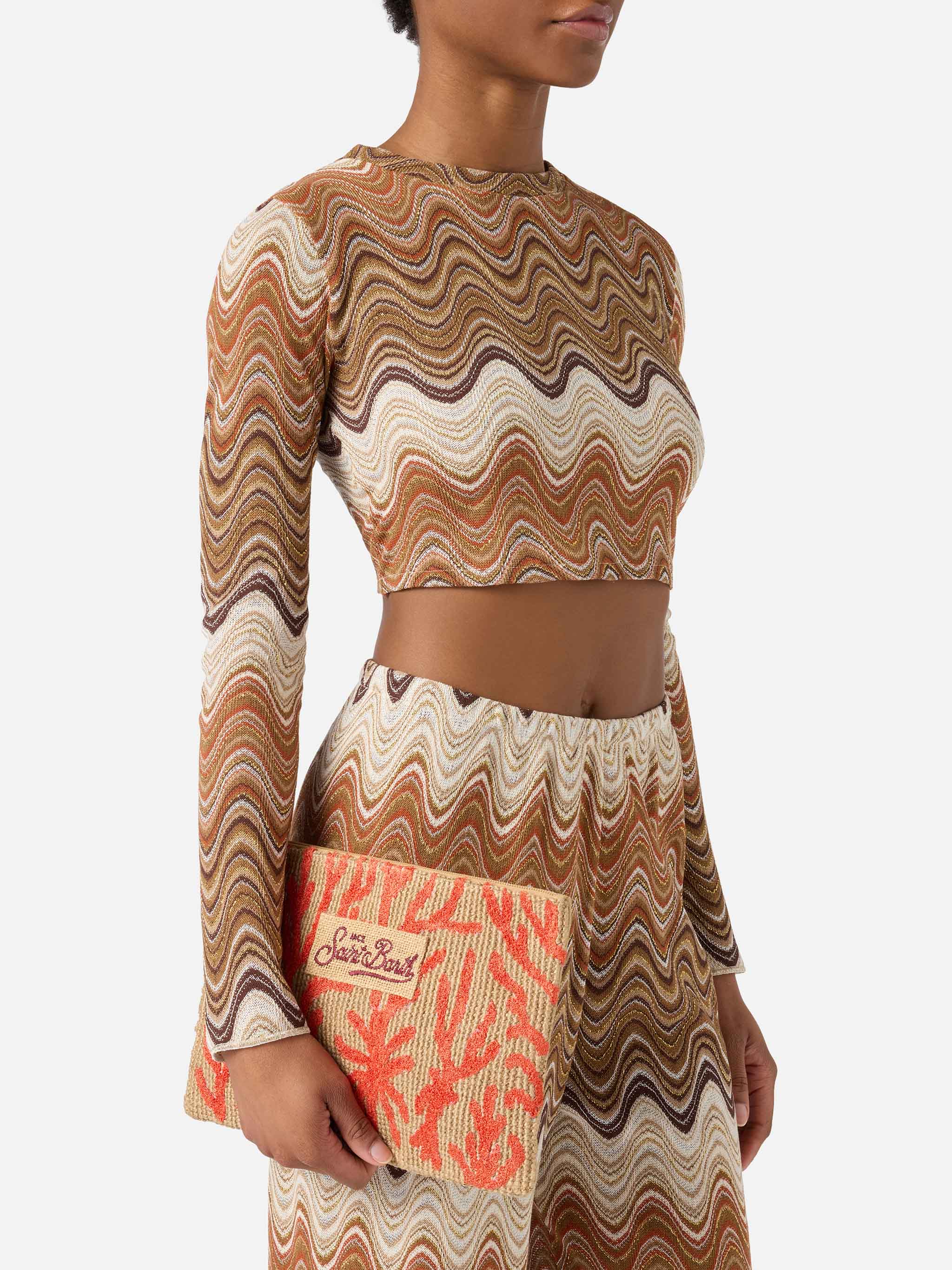 Jute pouch with embroidered coral pattern - Image 2