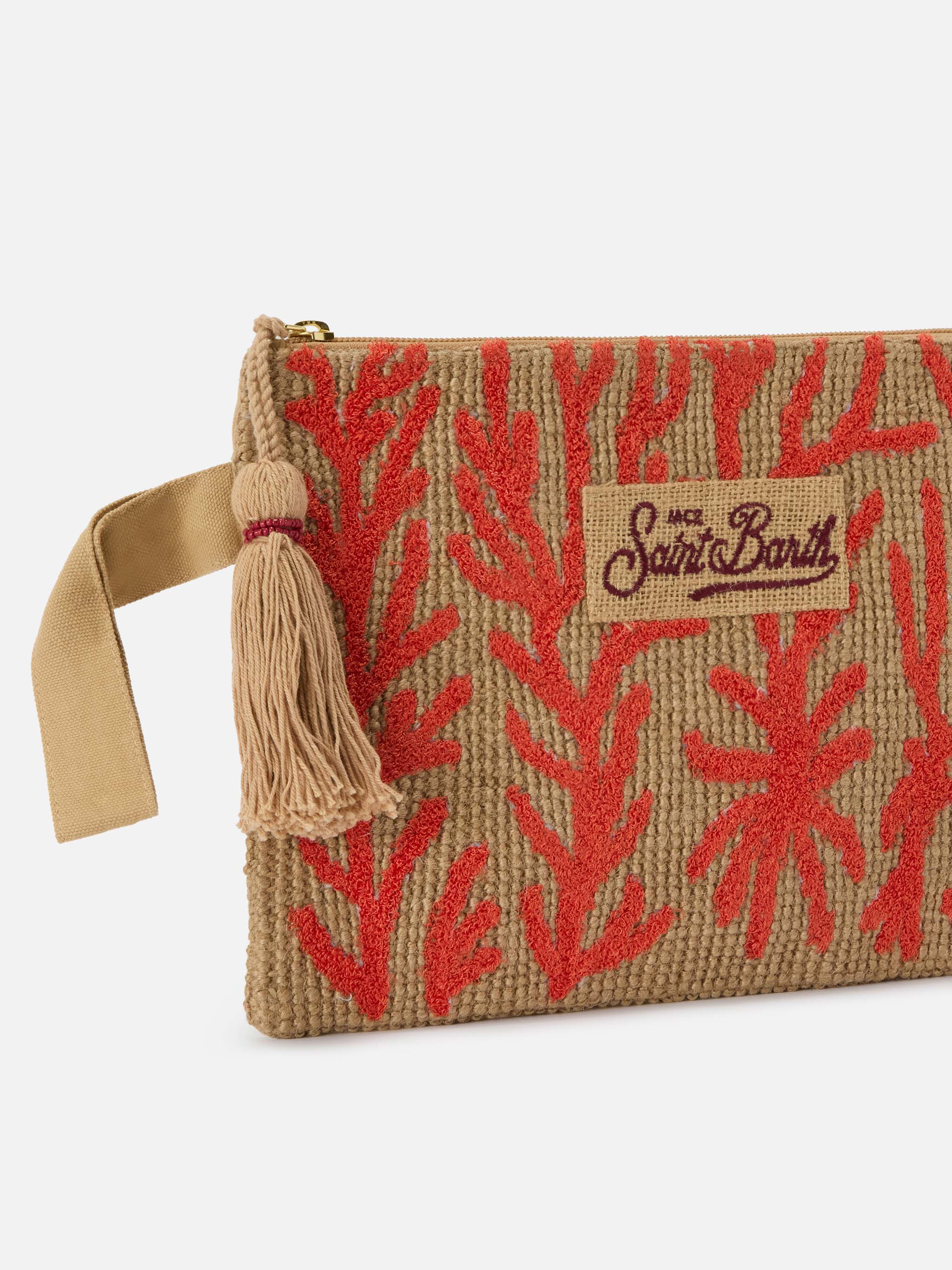 Jute pouch with embroidered coral pattern - Image 3