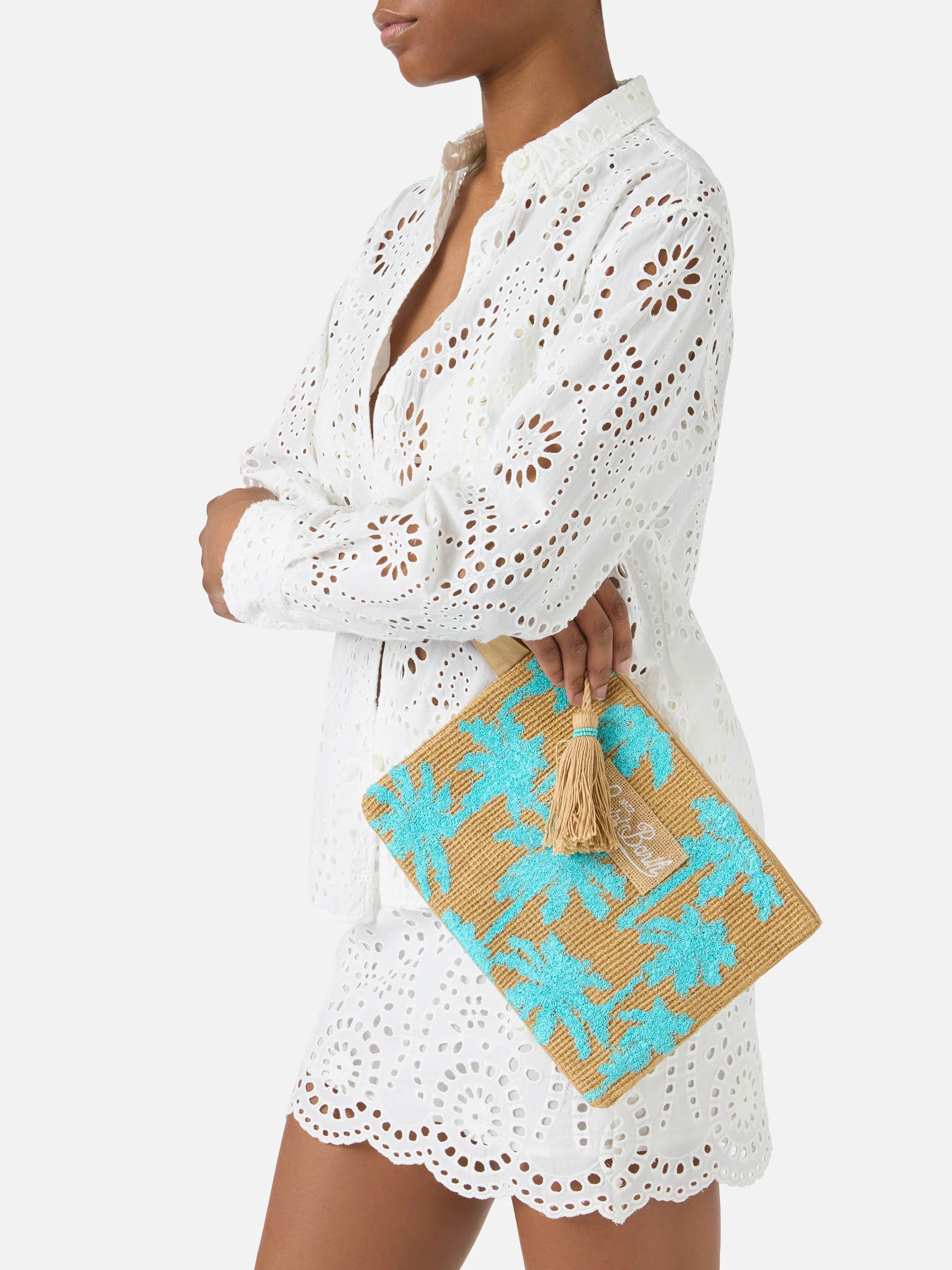 Jute pouch with embroidered palm pattern - Image 2