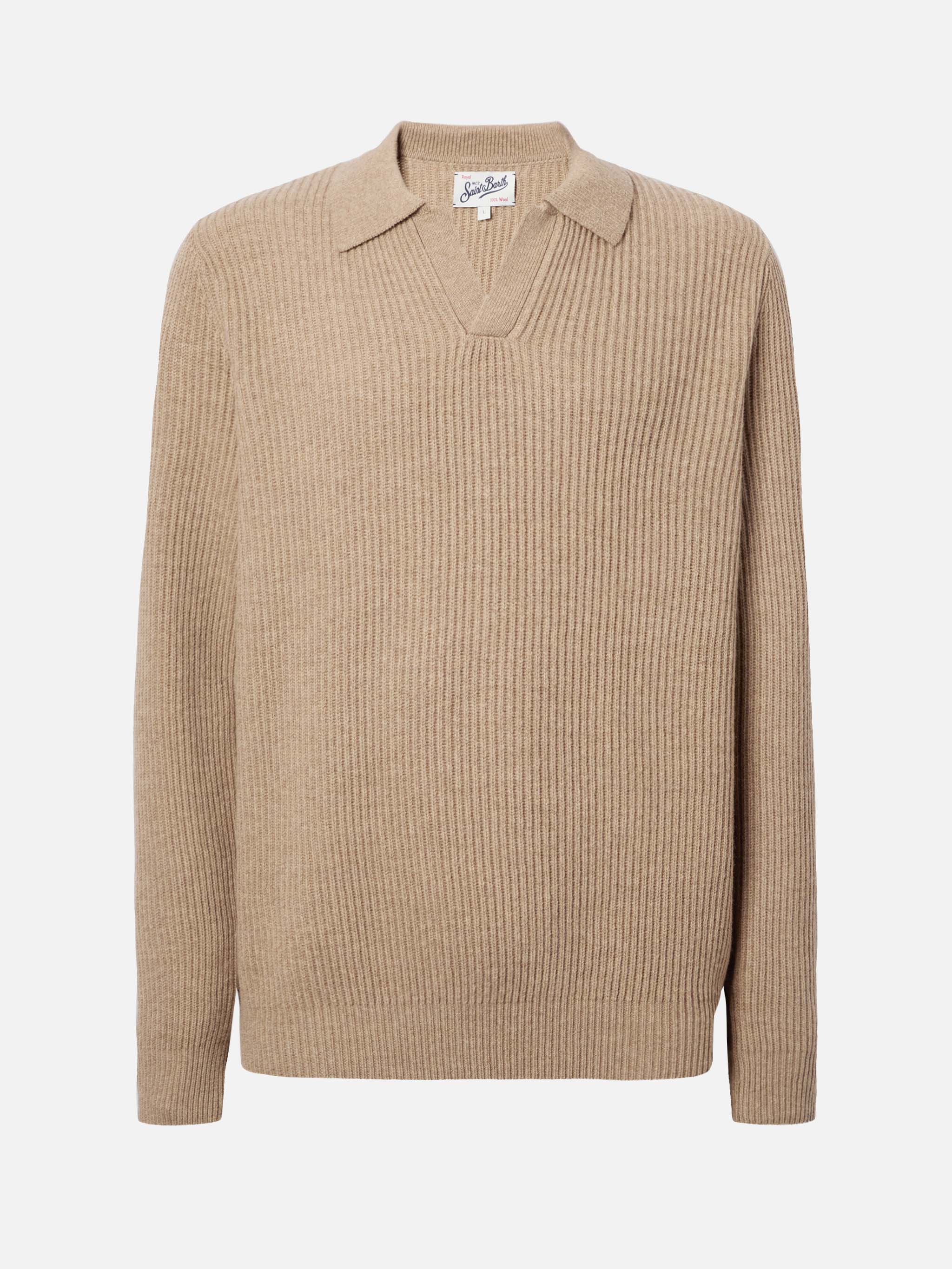 Khaki knit polo Downing in 100% WOOL - Image 5