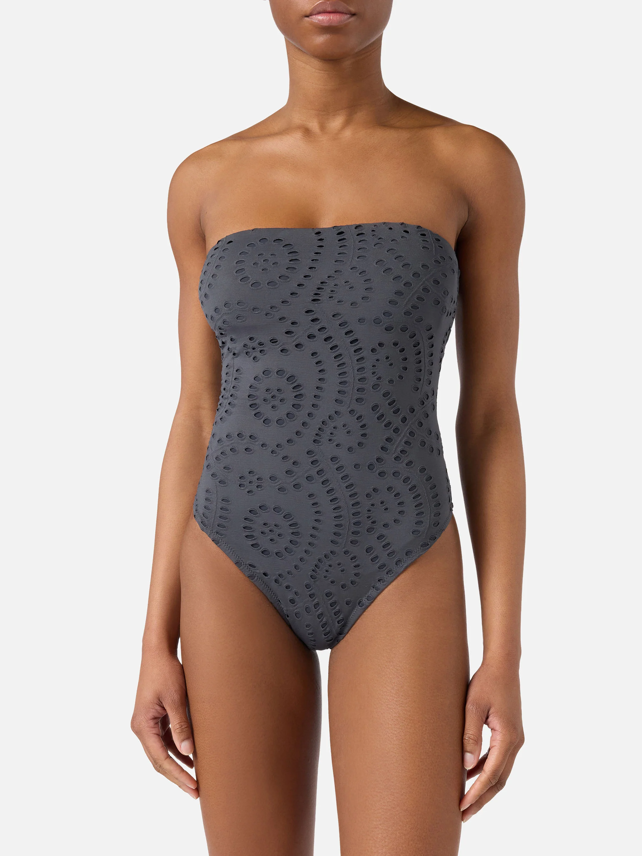 Khyra bandeau one-piece swimsuit in dark grey sangallo textile - Image 2