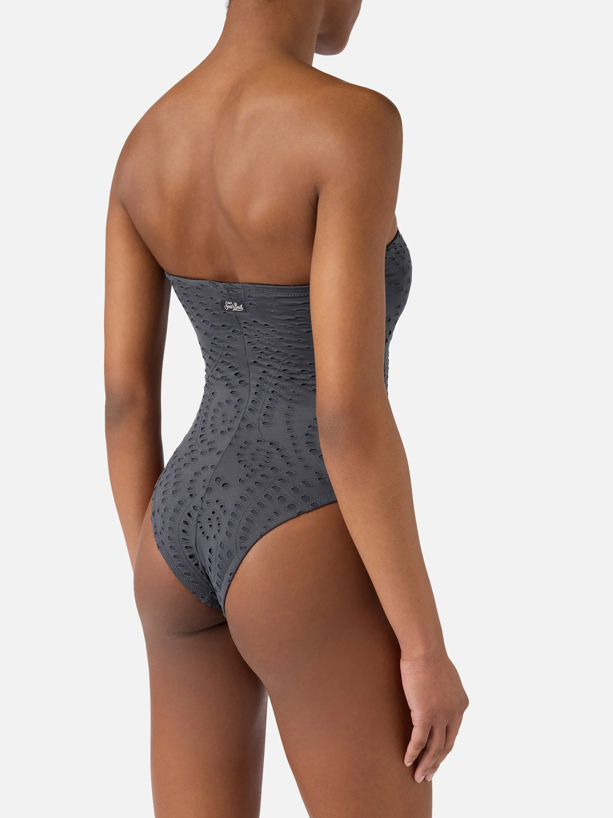 Khyra bandeau one-piece swimsuit in dark grey sangallo textile - Image 3