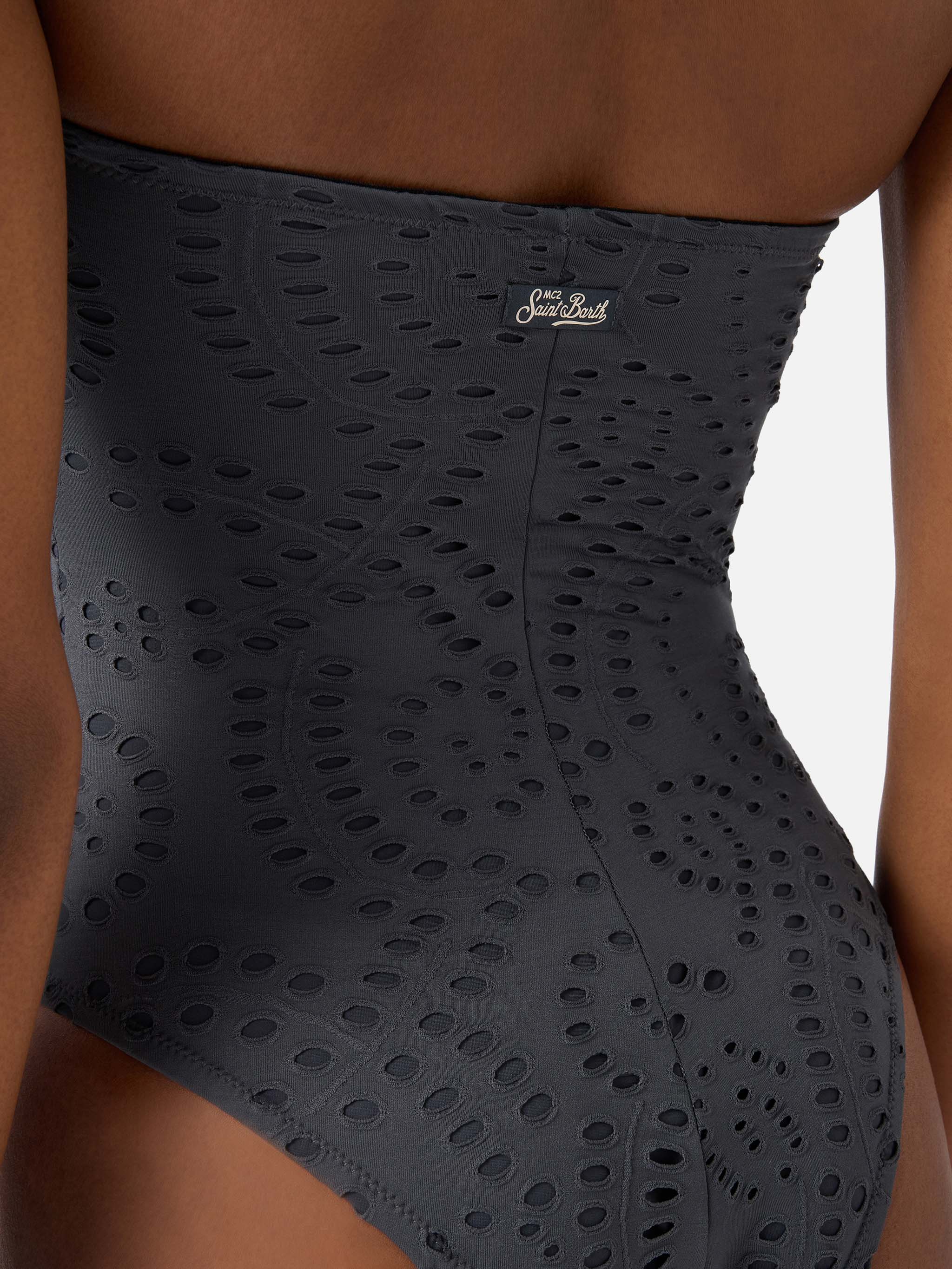 Khyra bandeau one-piece swimsuit in dark grey sangallo textile - Image 4