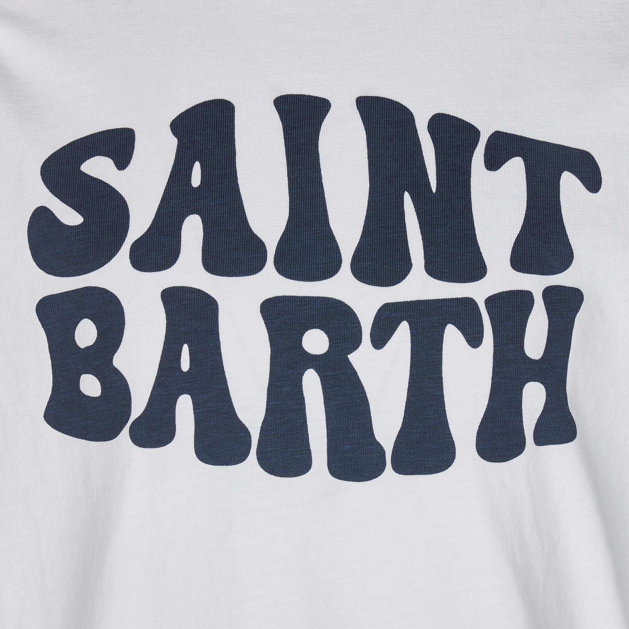 Kid white cotton t-shirt with blue groovy Saint Barth print - Image 2