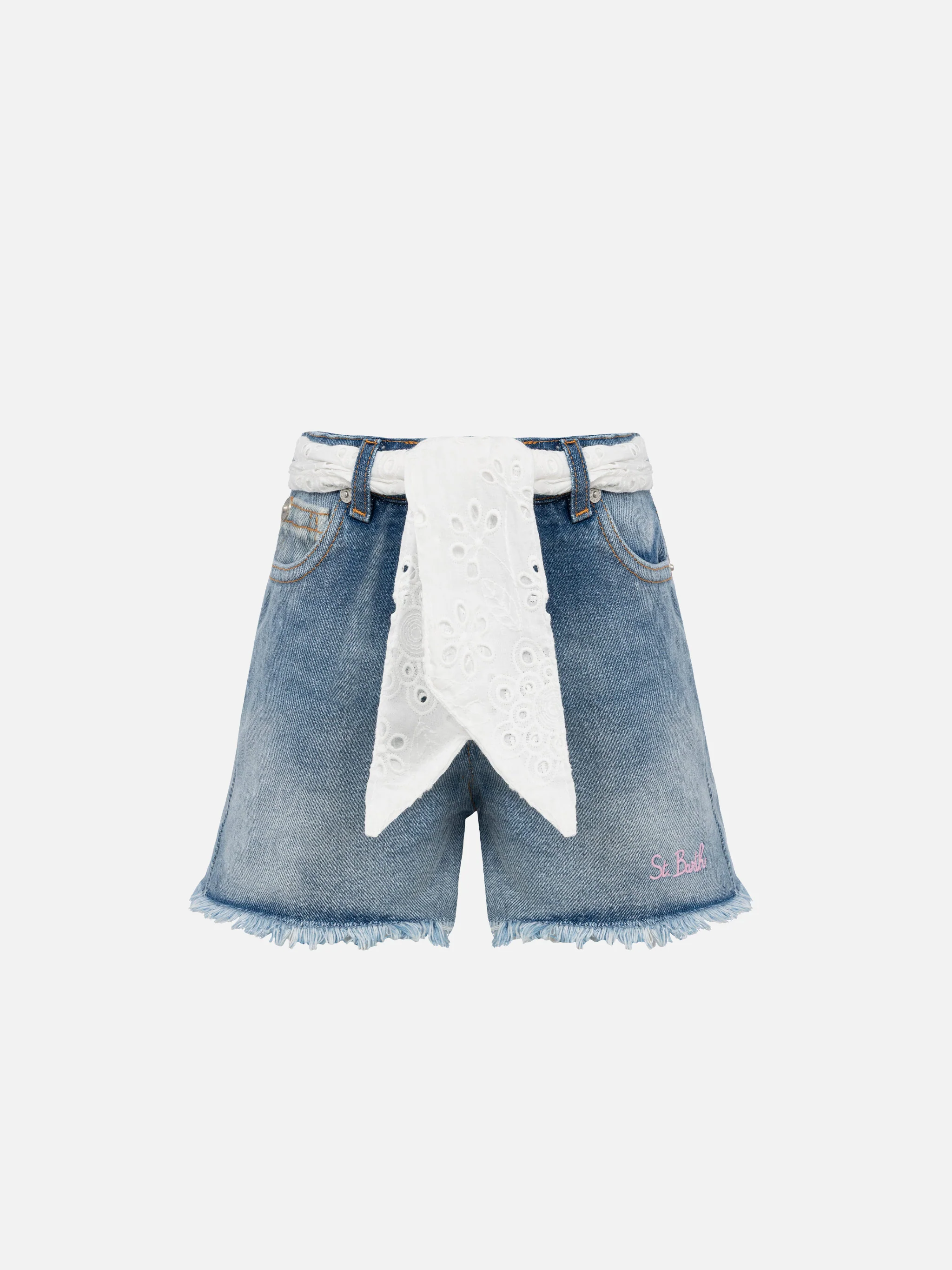 Kiko Jr denim shorts with Sangallo lace and embroidered details