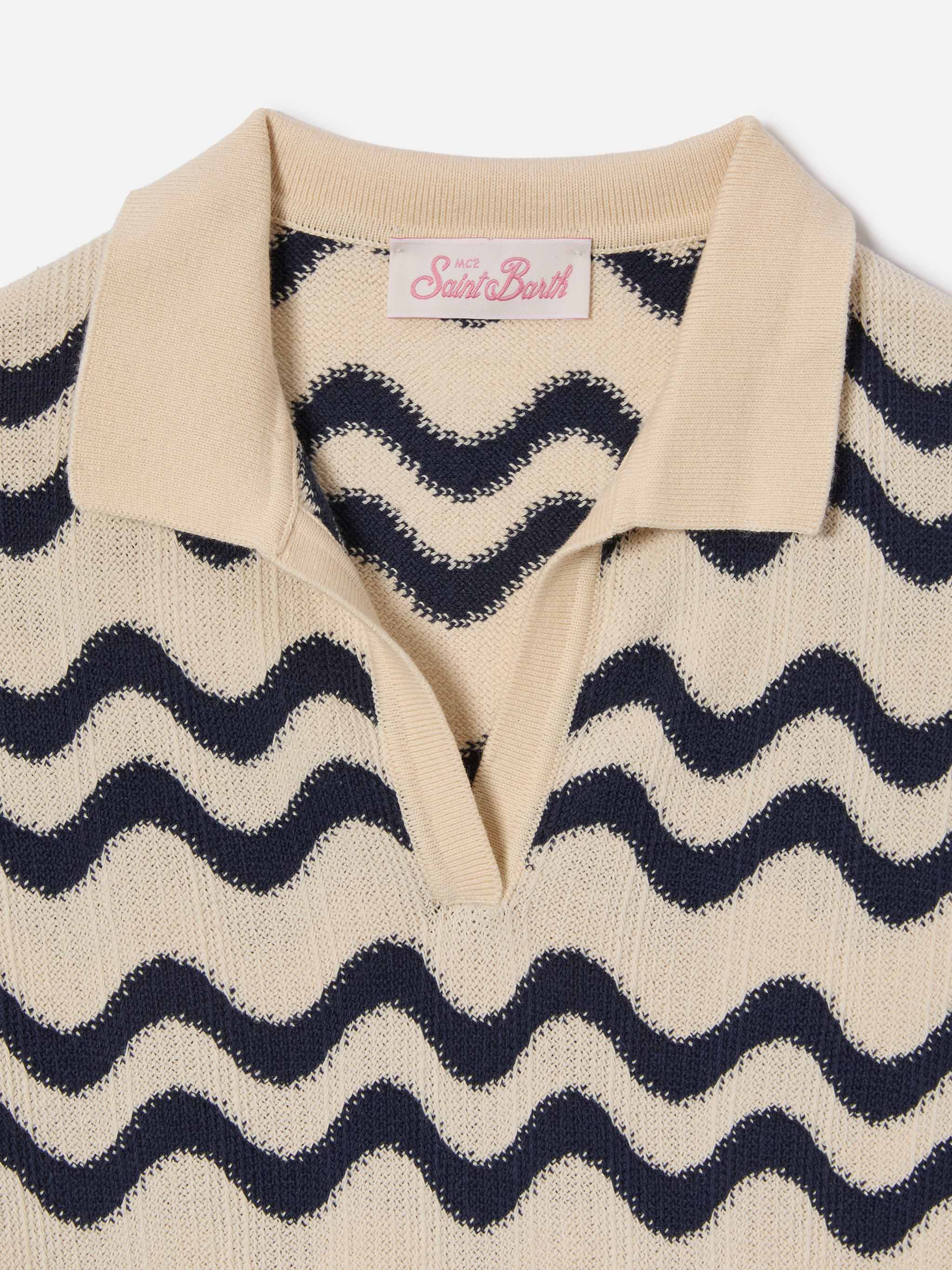 Lala Jr Polo in cotton blend knit with blue and ivory wave pattern - Image 2