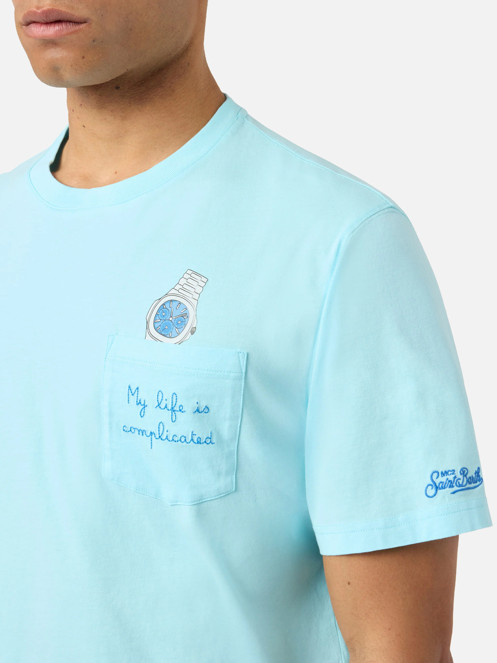 Light blue Austin t-shirt with watch and My Life Is Complicated embroidery - Image 2