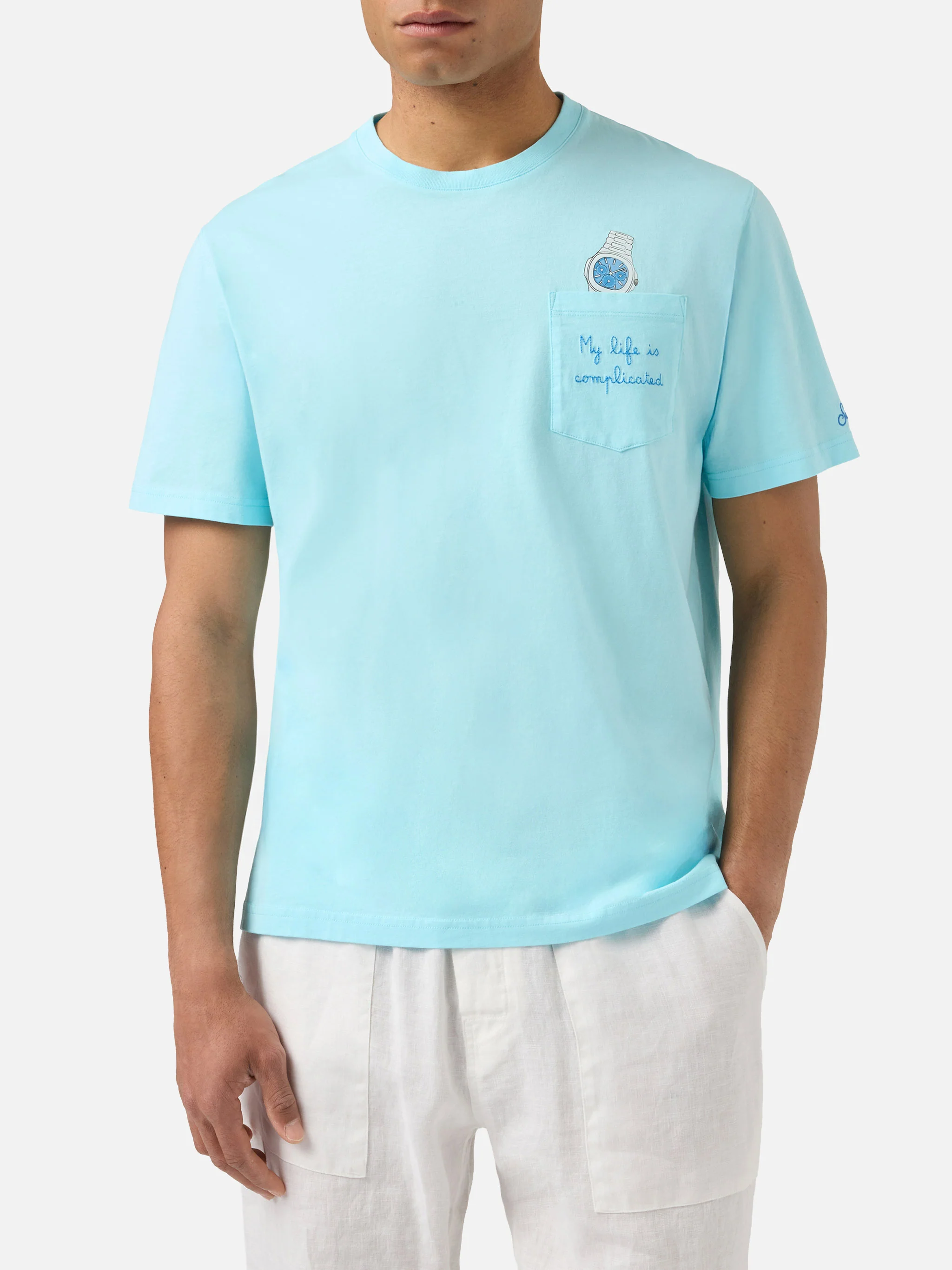 Light blue Austin t-shirt with watch and My Life Is Complicated embroidery - Image 3