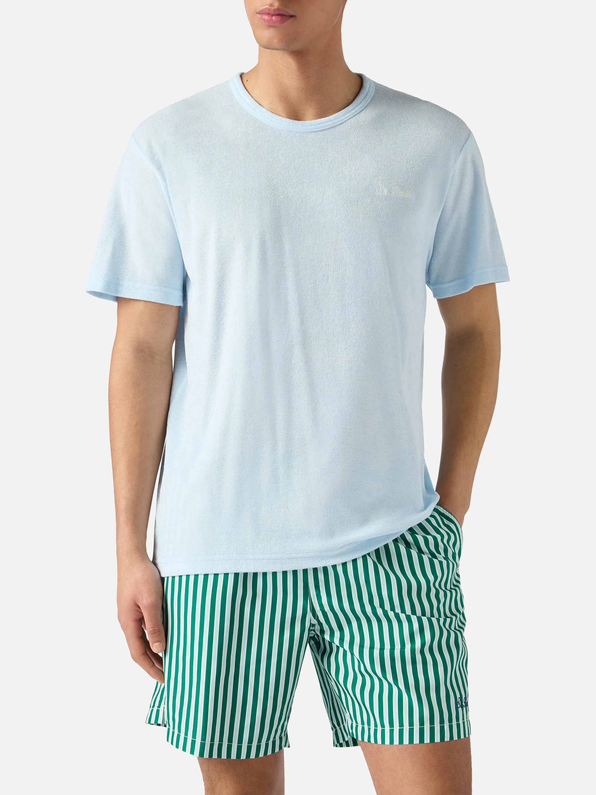 Light blue Gary cotton terry-effect t-shirt with logo embroidery - Image 2