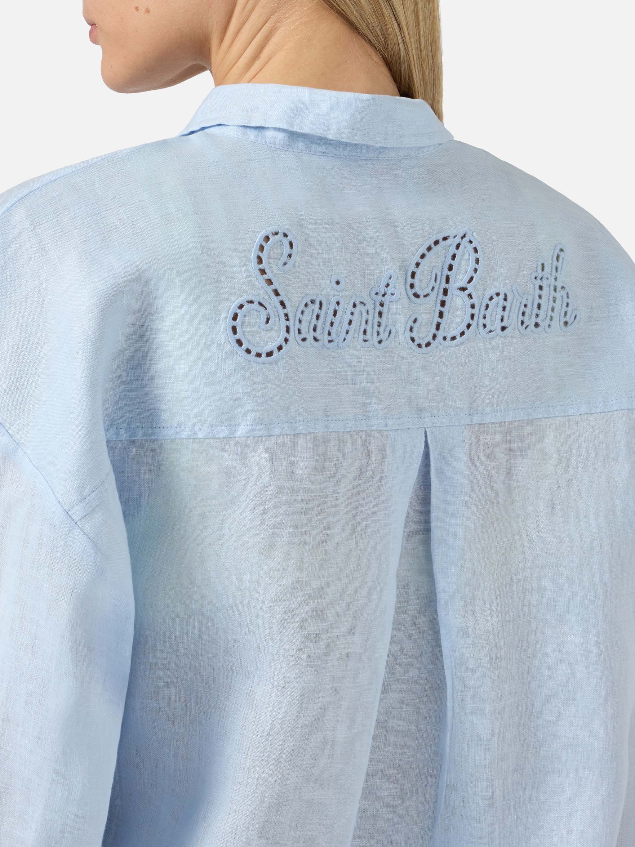 Light blue linen Cristal shirt with perforated Saint Barth embroidery - Image 2