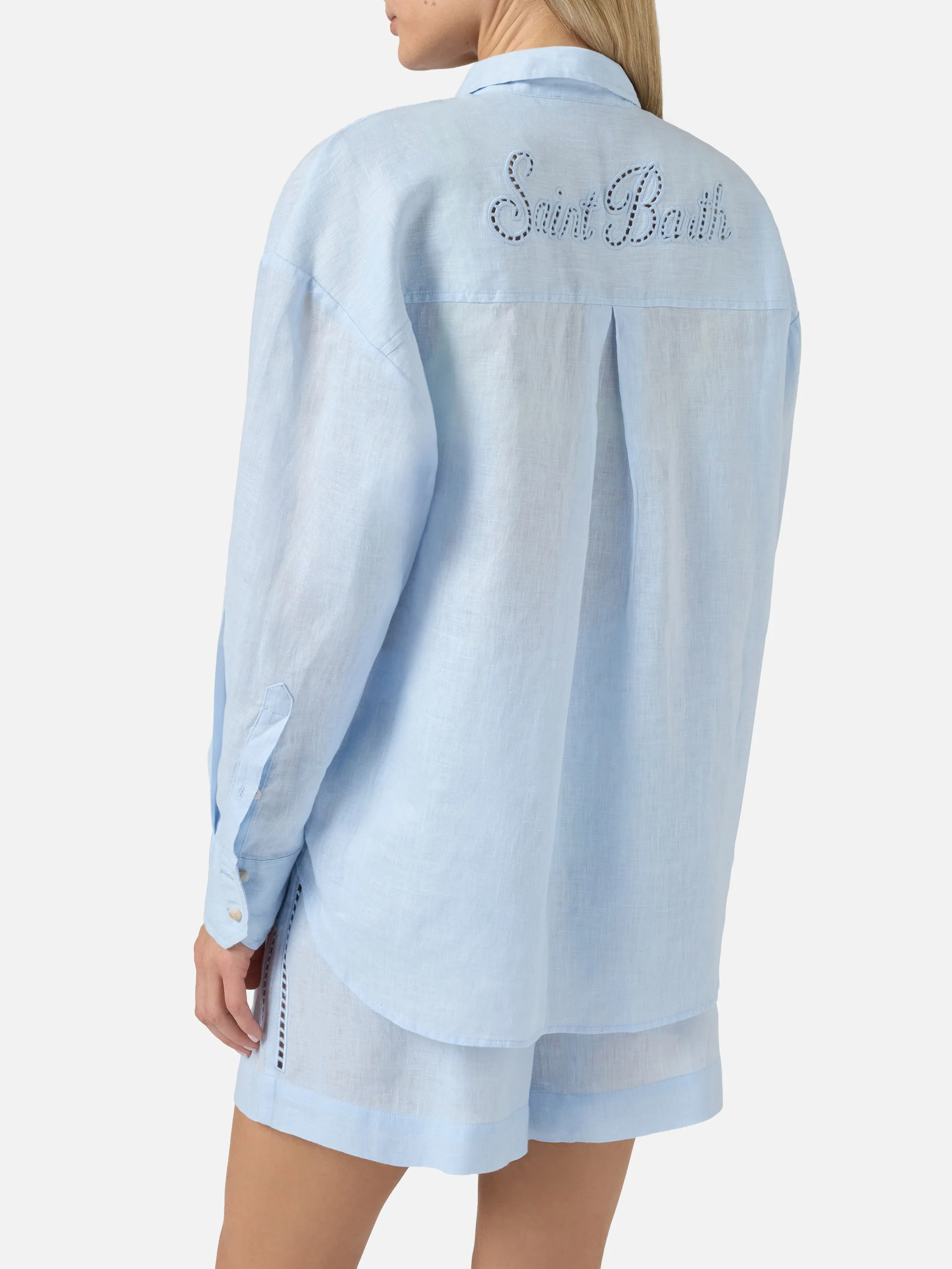 Light blue linen Cristal shirt with perforated Saint Barth embroidery - Image 4