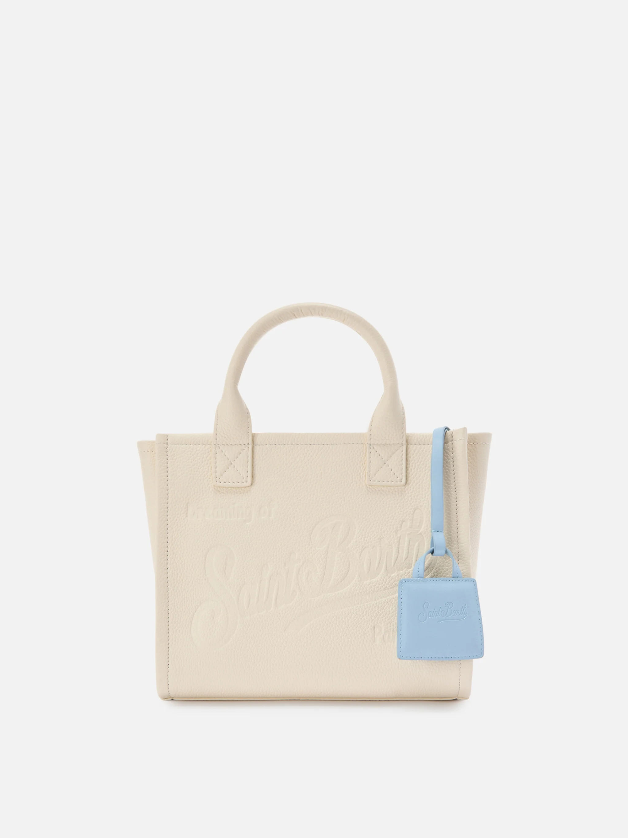 Light blue smooth leather bag charm with embossed logo - Image 2