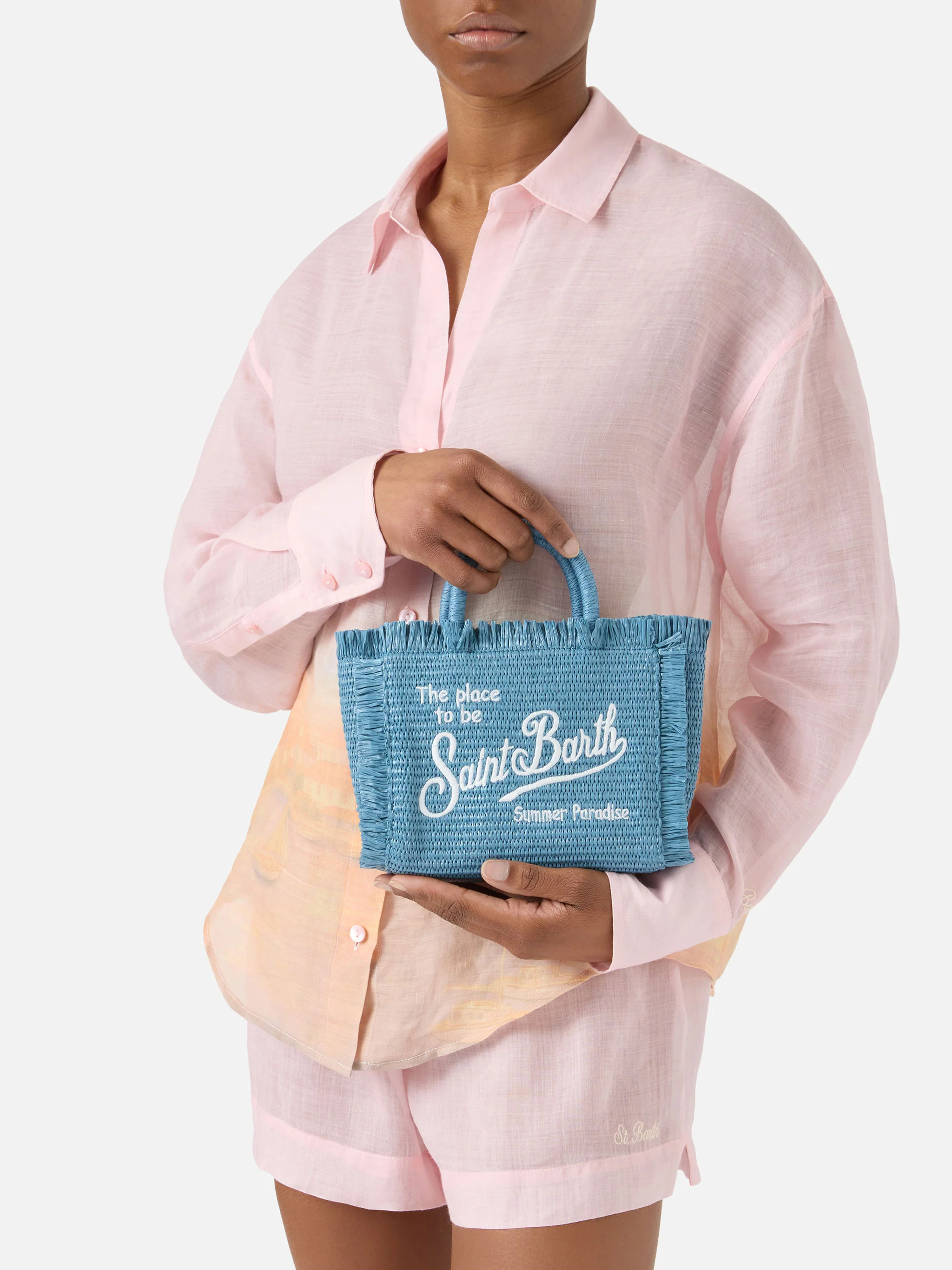Light blue Vanity mini straw effect bag with embroidered logo - Image 2