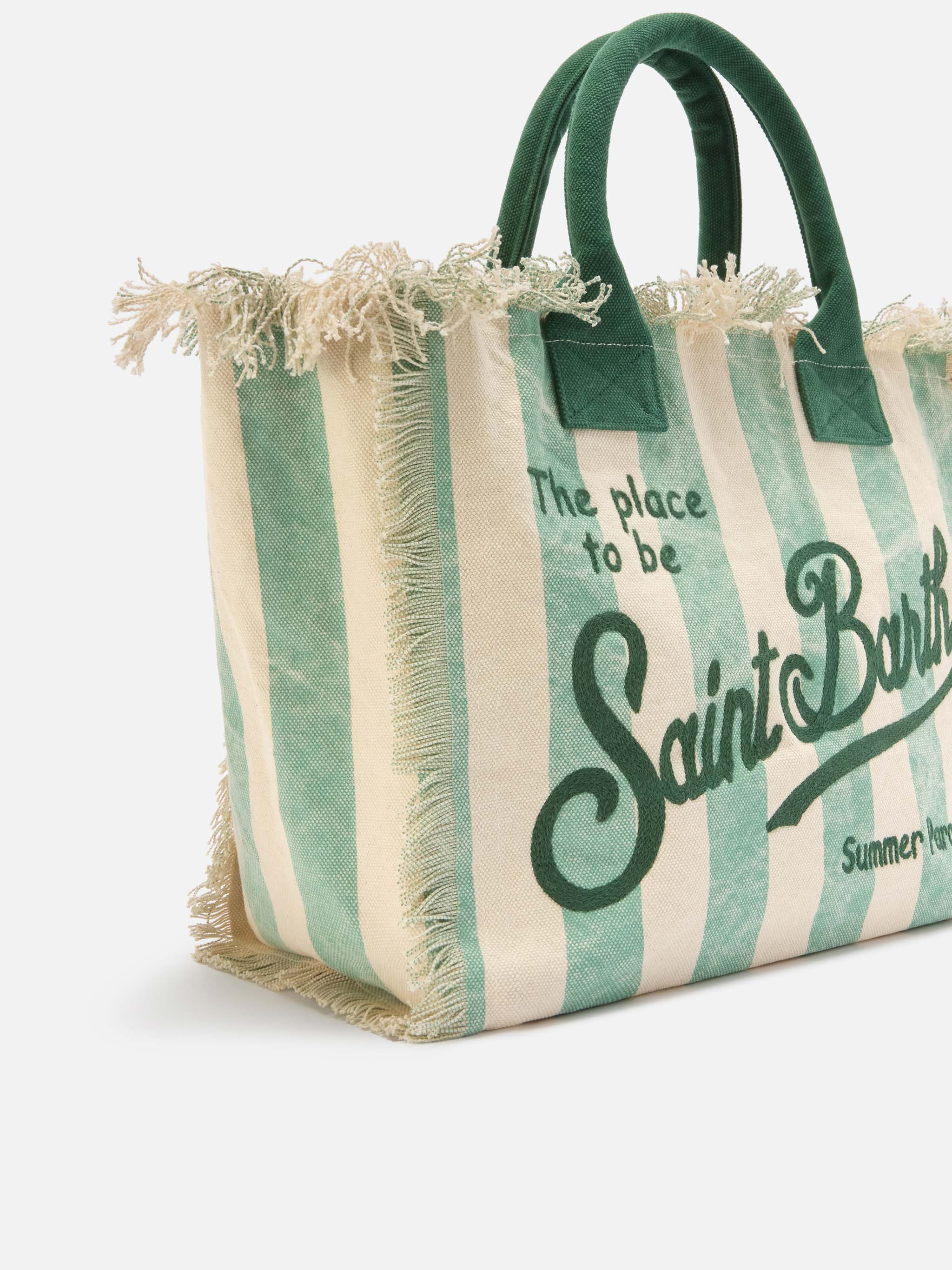 Light green canvas Vanity regular bag with vertical stripes - Image 3