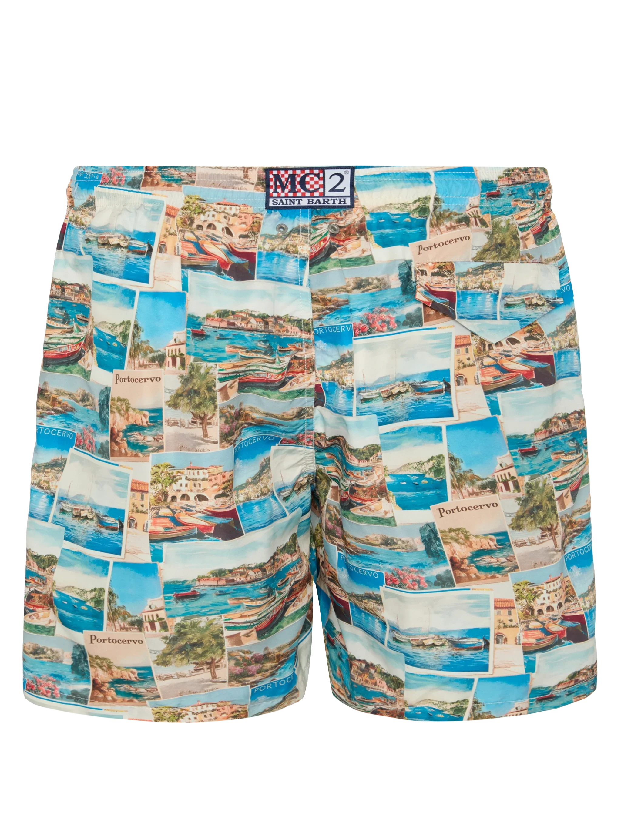Lightweight fabric swim-shorts Lighting with Porto Cervo postcards print | AI CO-CREATED DESIGN BY RICKDICK - POWERED BY RED-EYE - Image 2