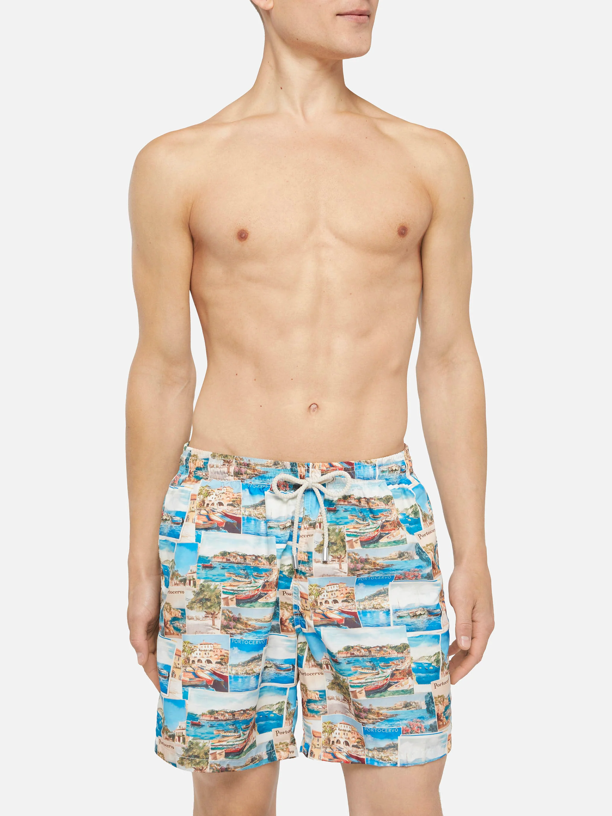 Lightweight fabric swim-shorts Lighting with Porto Cervo postcards print | AI CO-CREATED DESIGN BY RICKDICK - POWERED BY RED-EYE - Image 3