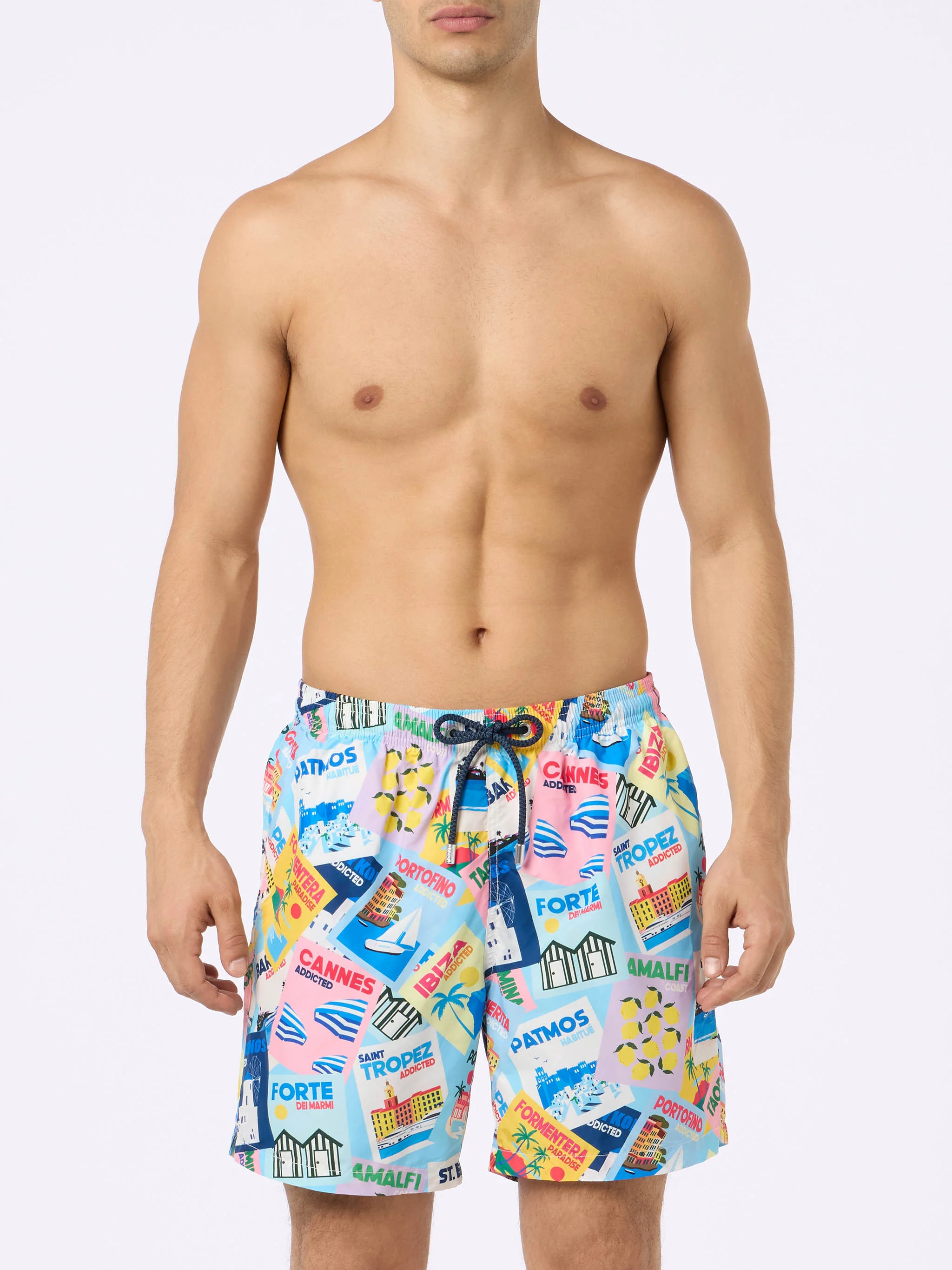 Lightweight fabric swim shorts Lighting with postcards print - Image 3