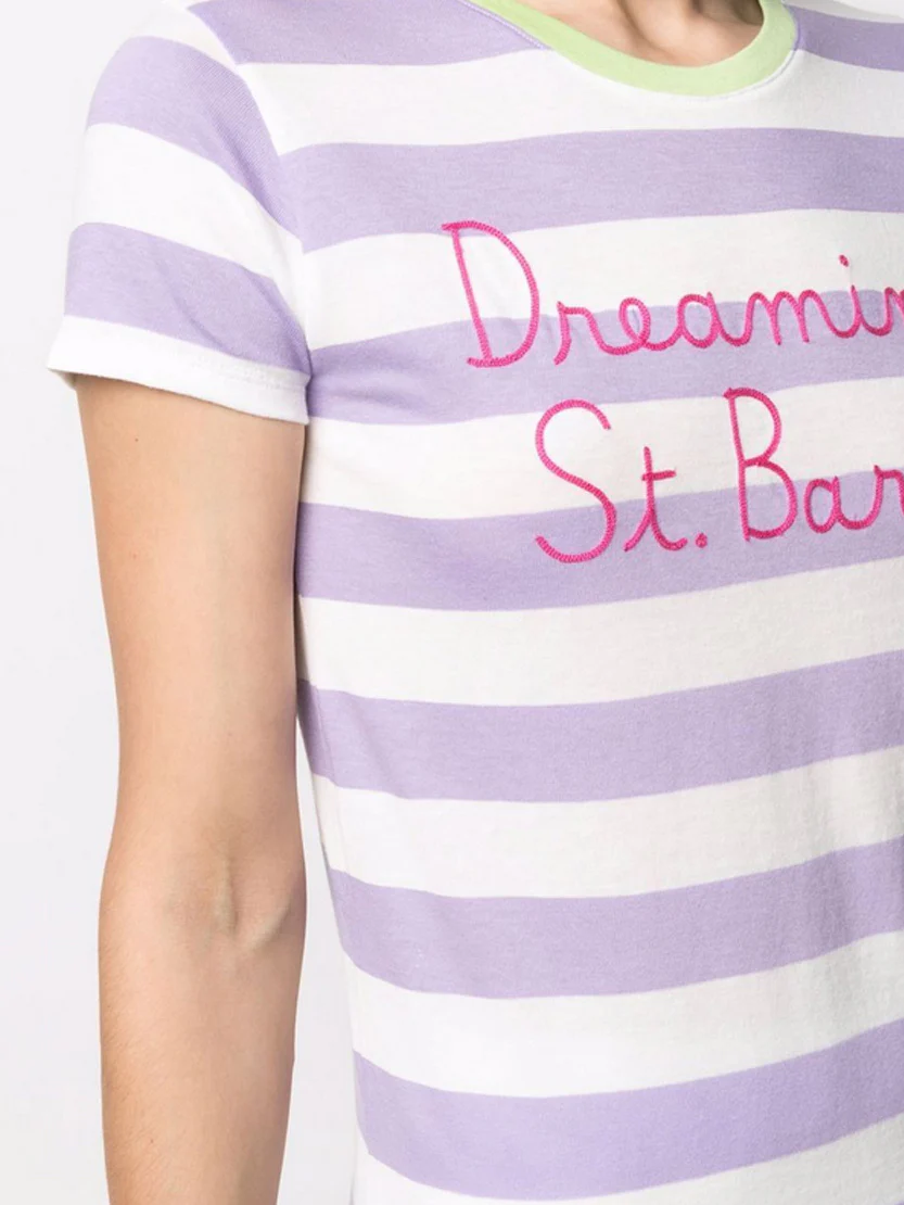 Dana lilac and white striped cotton t-shirt with St. Barth is my dream embroidery - Image 3