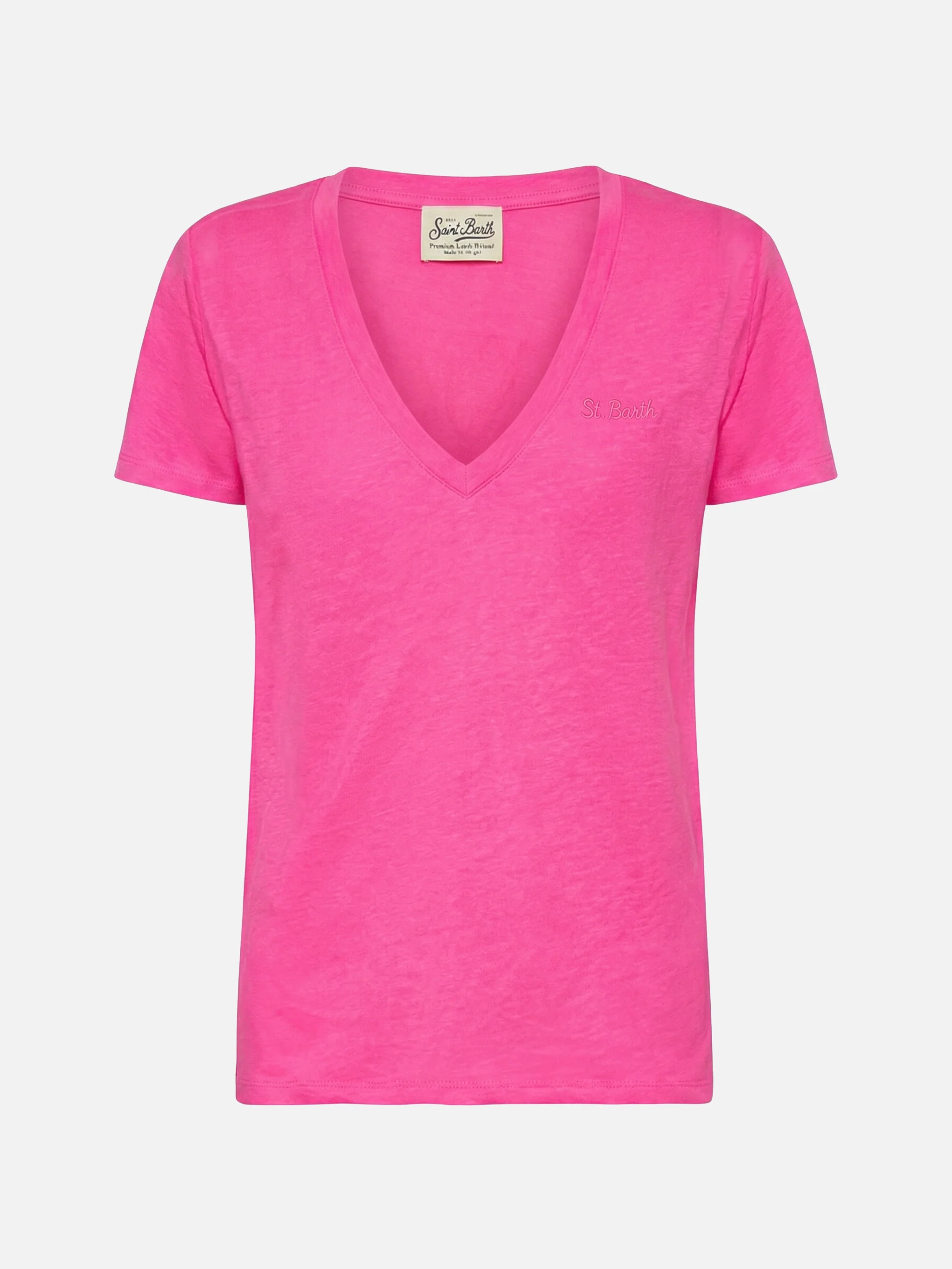Linen jersey fluo pink V-neck t-shirt Eloise - Image 3