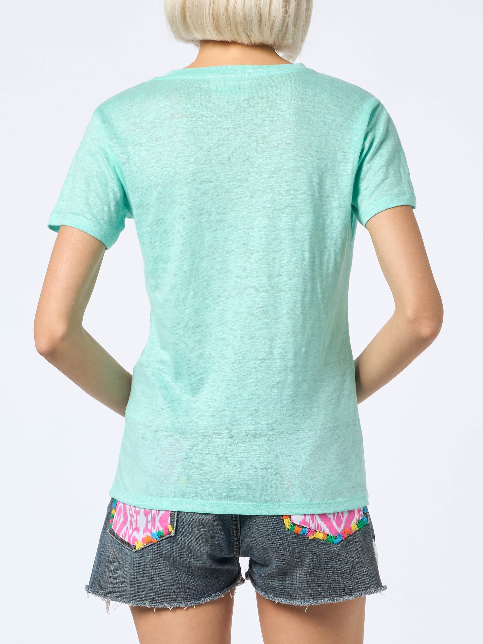 Eloise sage green linen jersey t-shirt with embroidery - Image 3