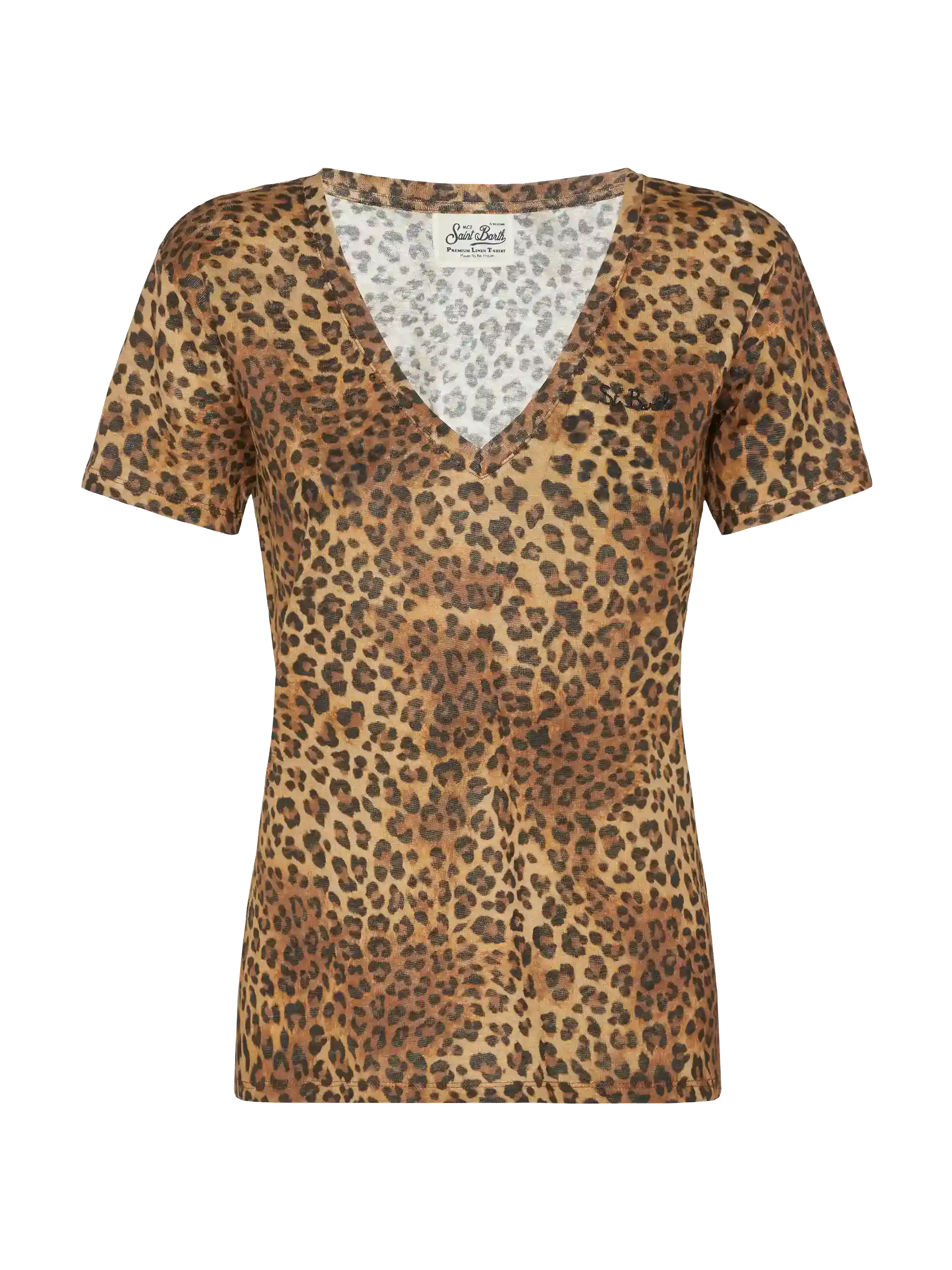 Linen jersey V-neck t-shirt Eloise with animalier print - Image 3