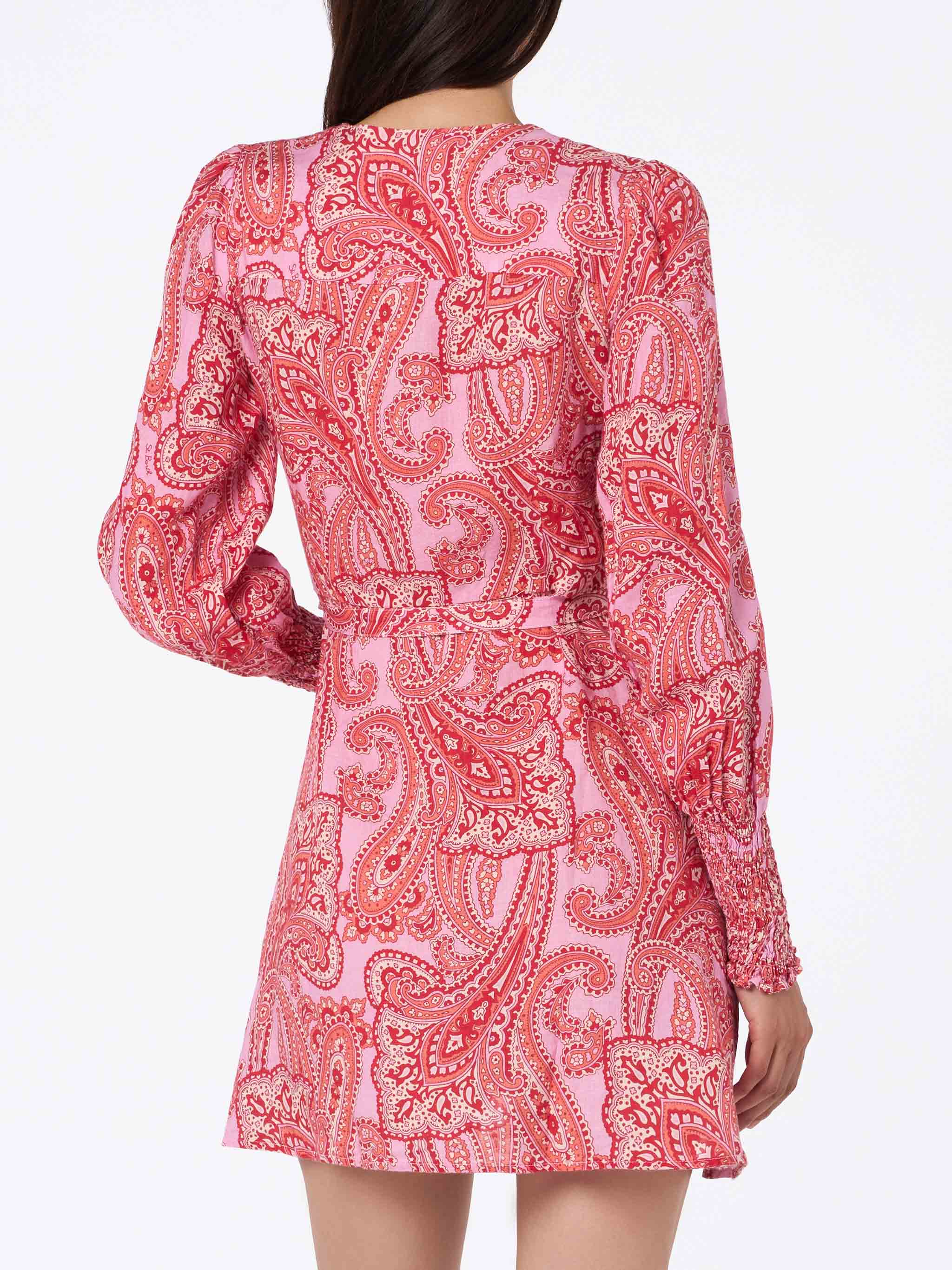 Linen short wrap dress Brilly with paisley print - Image 3