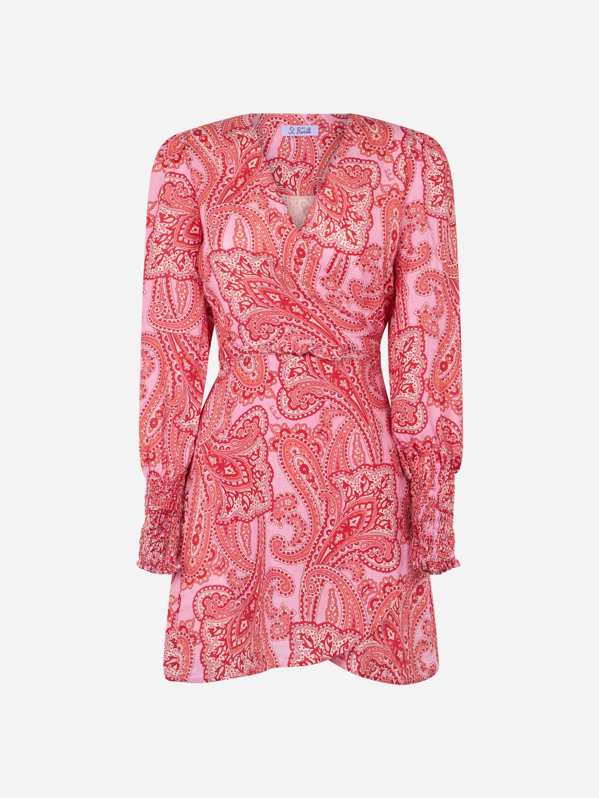 Linen short wrap dress Brilly with paisley print - Image 4