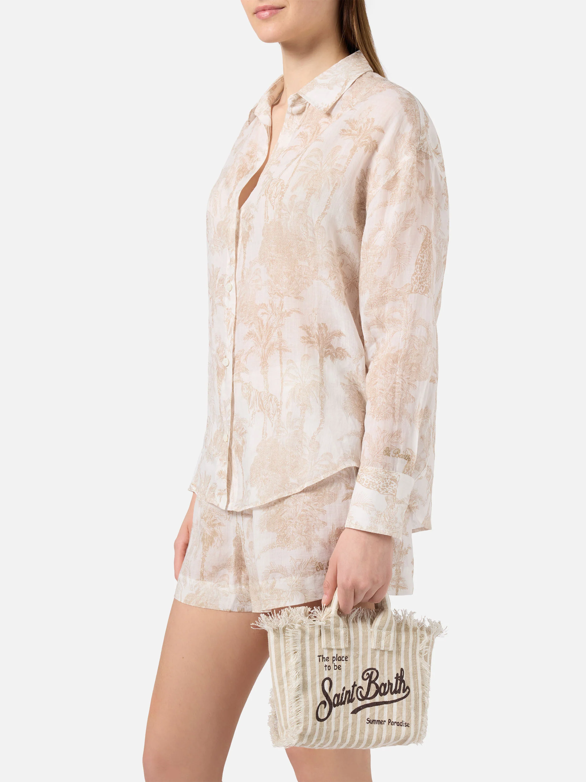 Linen Vanity bag with fine brown and white stripes - Image 2