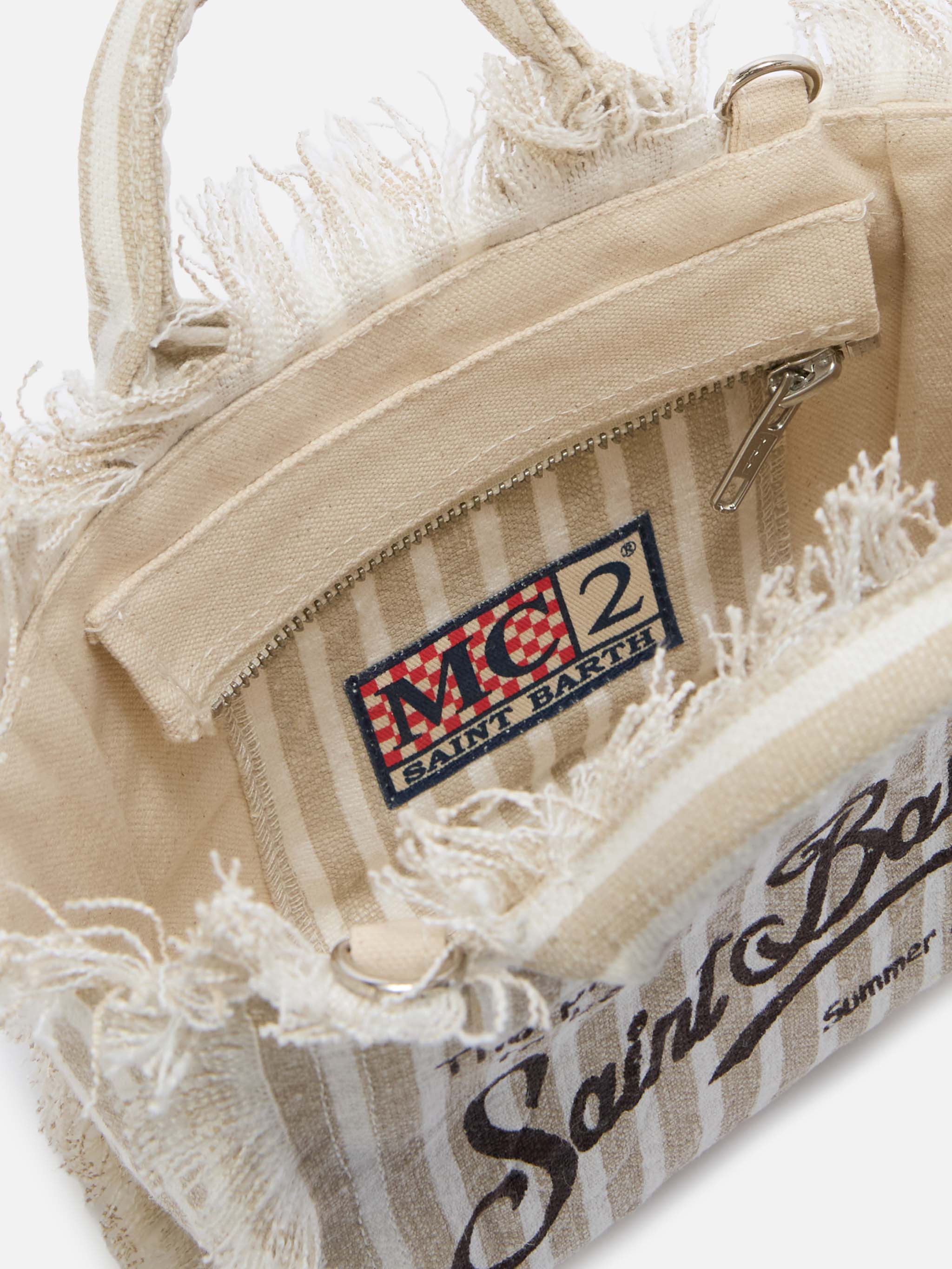 Linen Vanity bag with fine brown and white stripes - Image 4