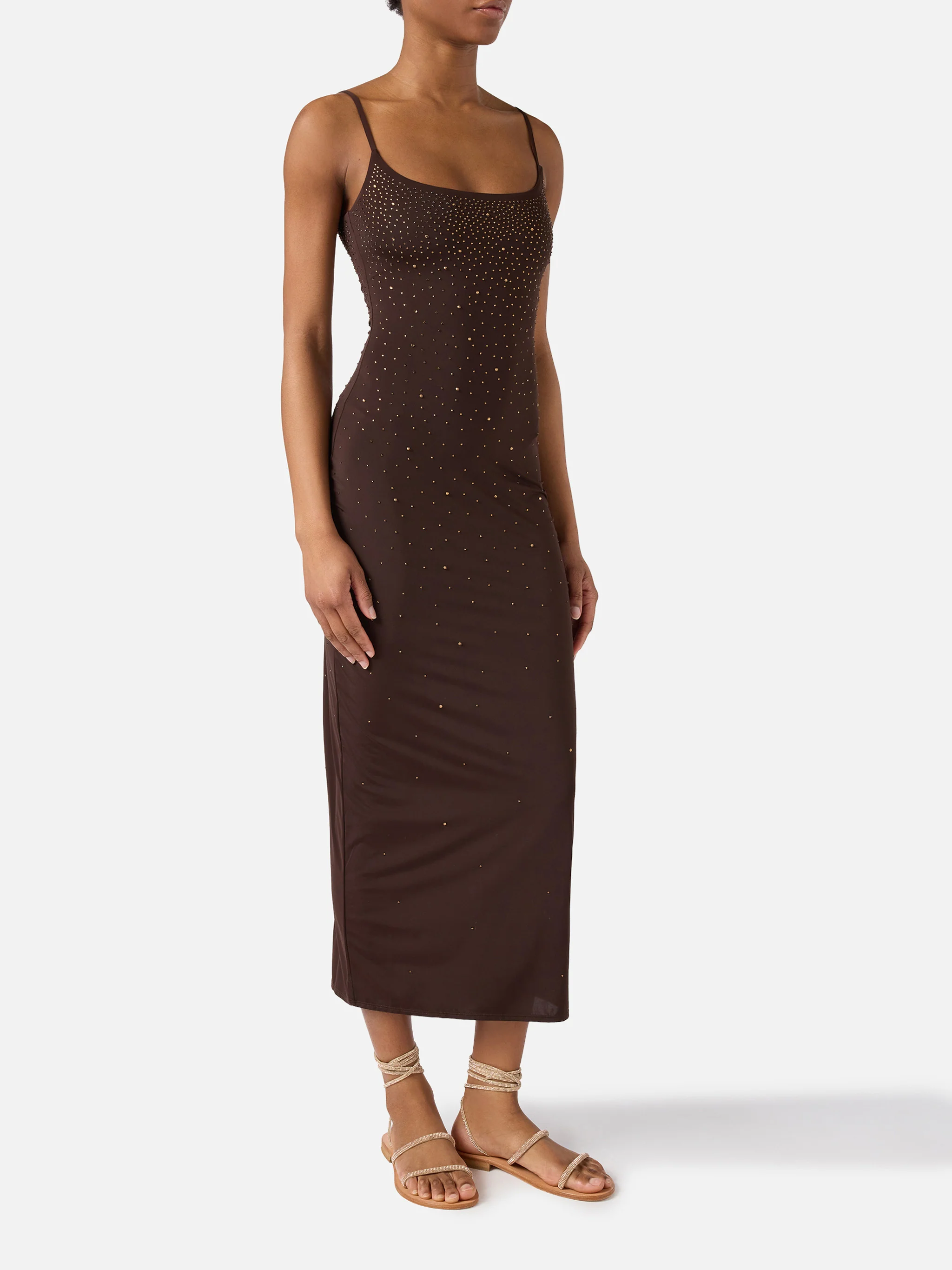 Long Evy dress in brown with degradé-effect strass