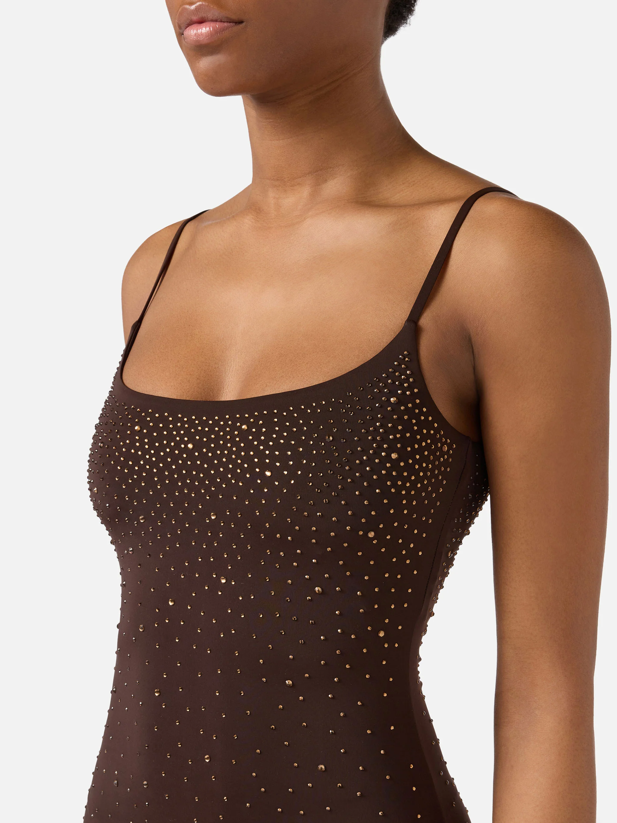 Long Evy dress in brown with degradé-effect strass - Image 2