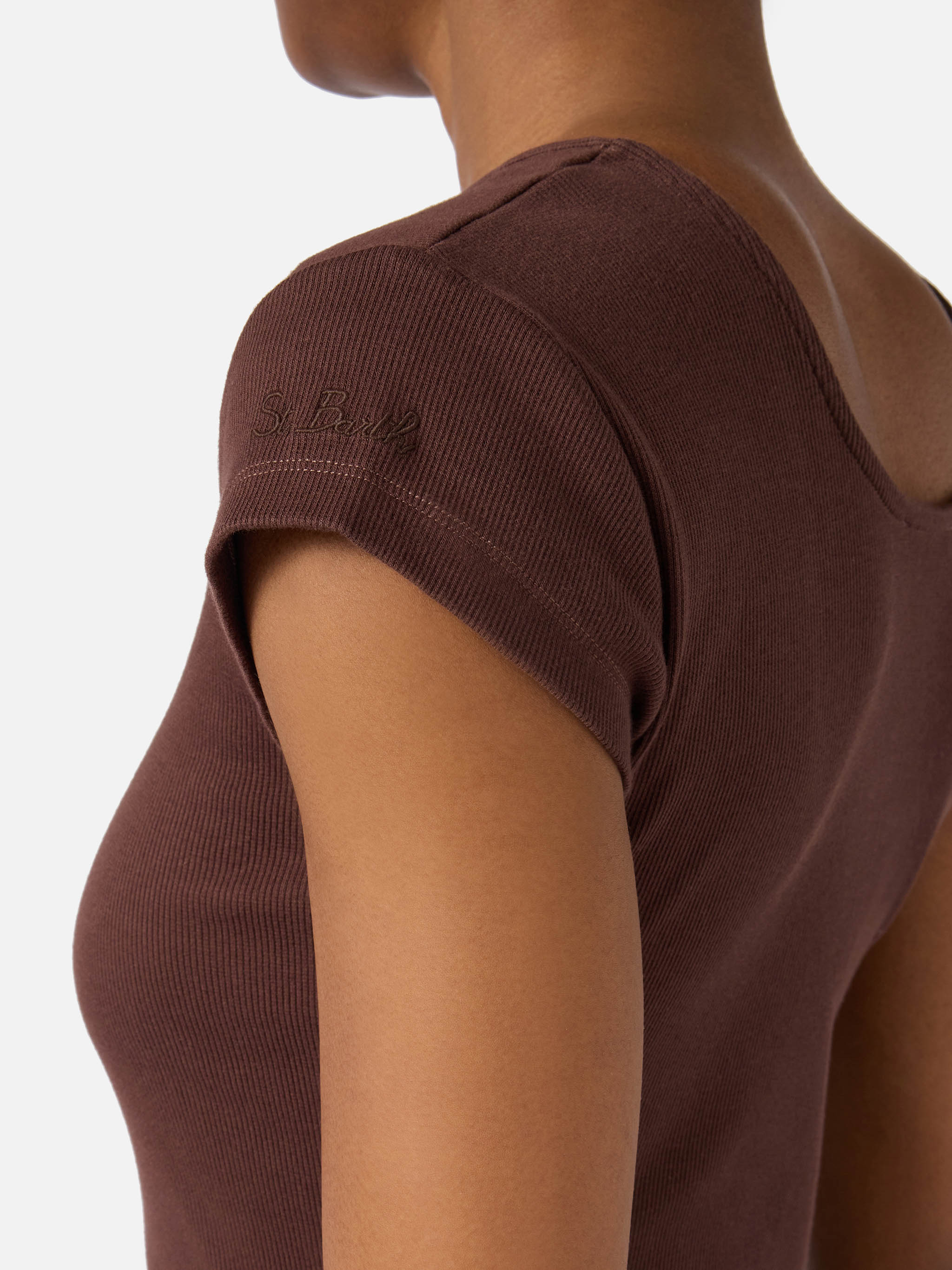 Long Olimpia dress in brown ribbed stretch cotton fabric - Image 2
