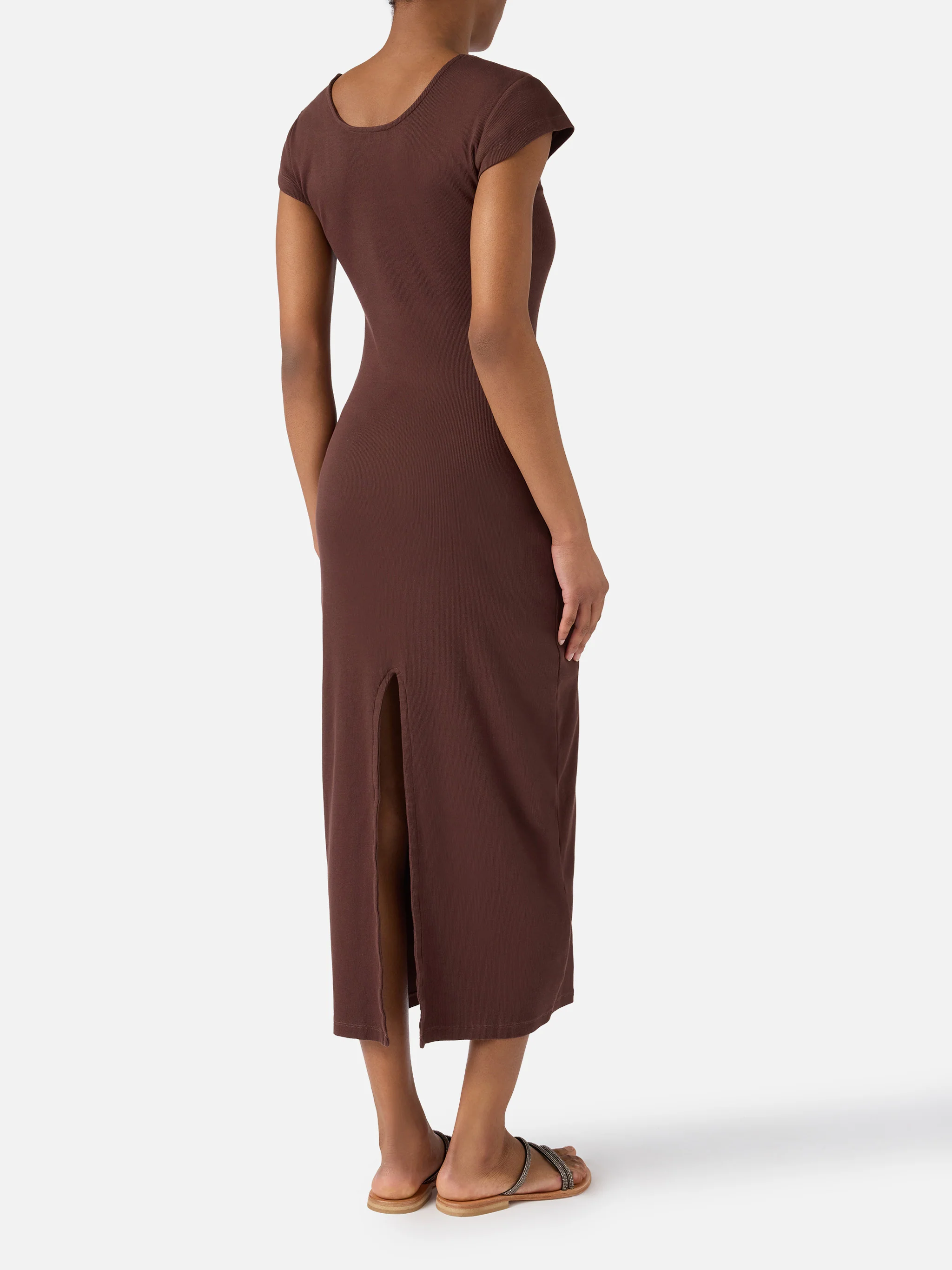 Long Olimpia dress in brown ribbed stretch cotton fabric - Image 3