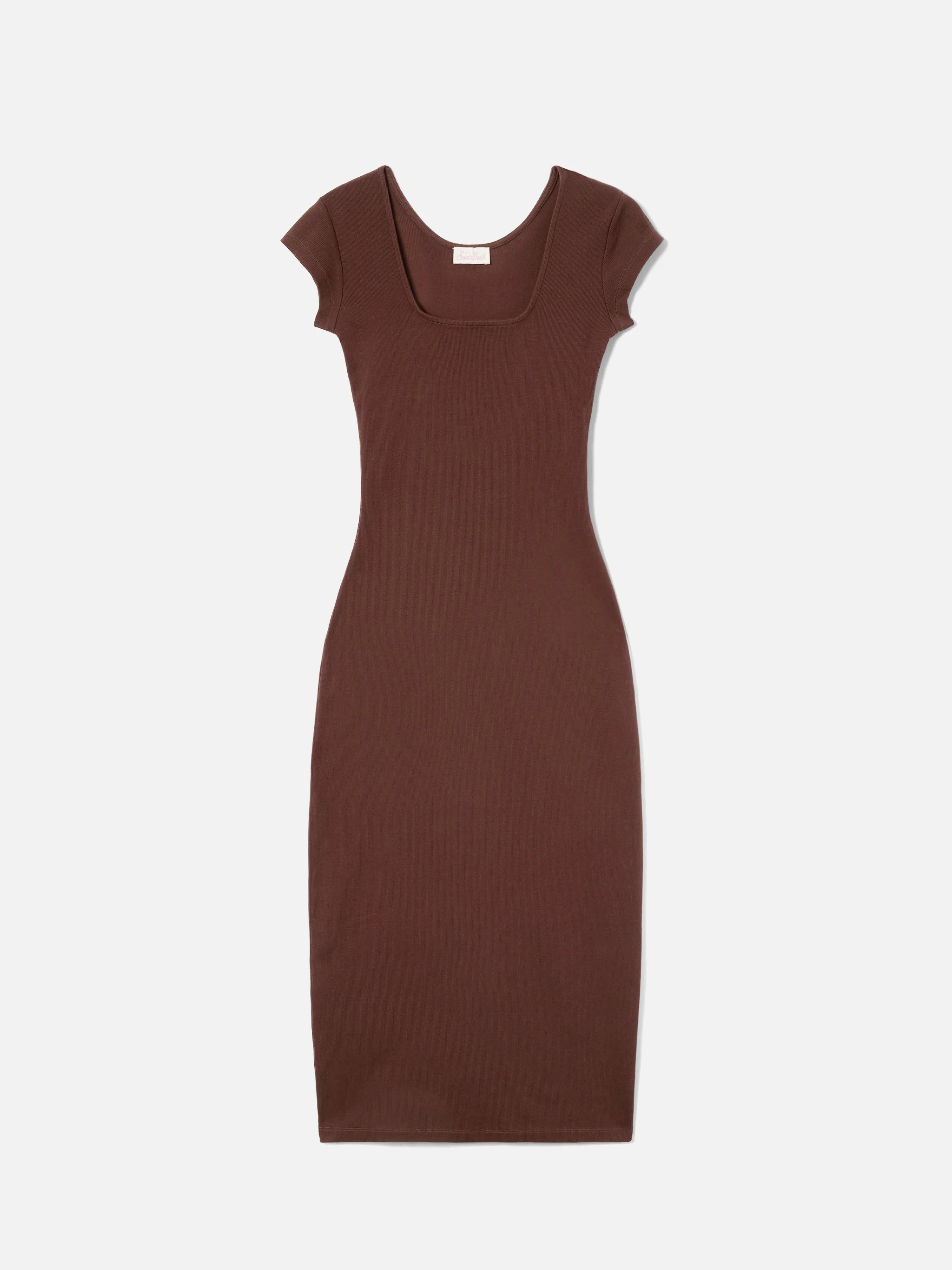 Long Olimpia dress in brown ribbed stretch cotton fabric - Image 4